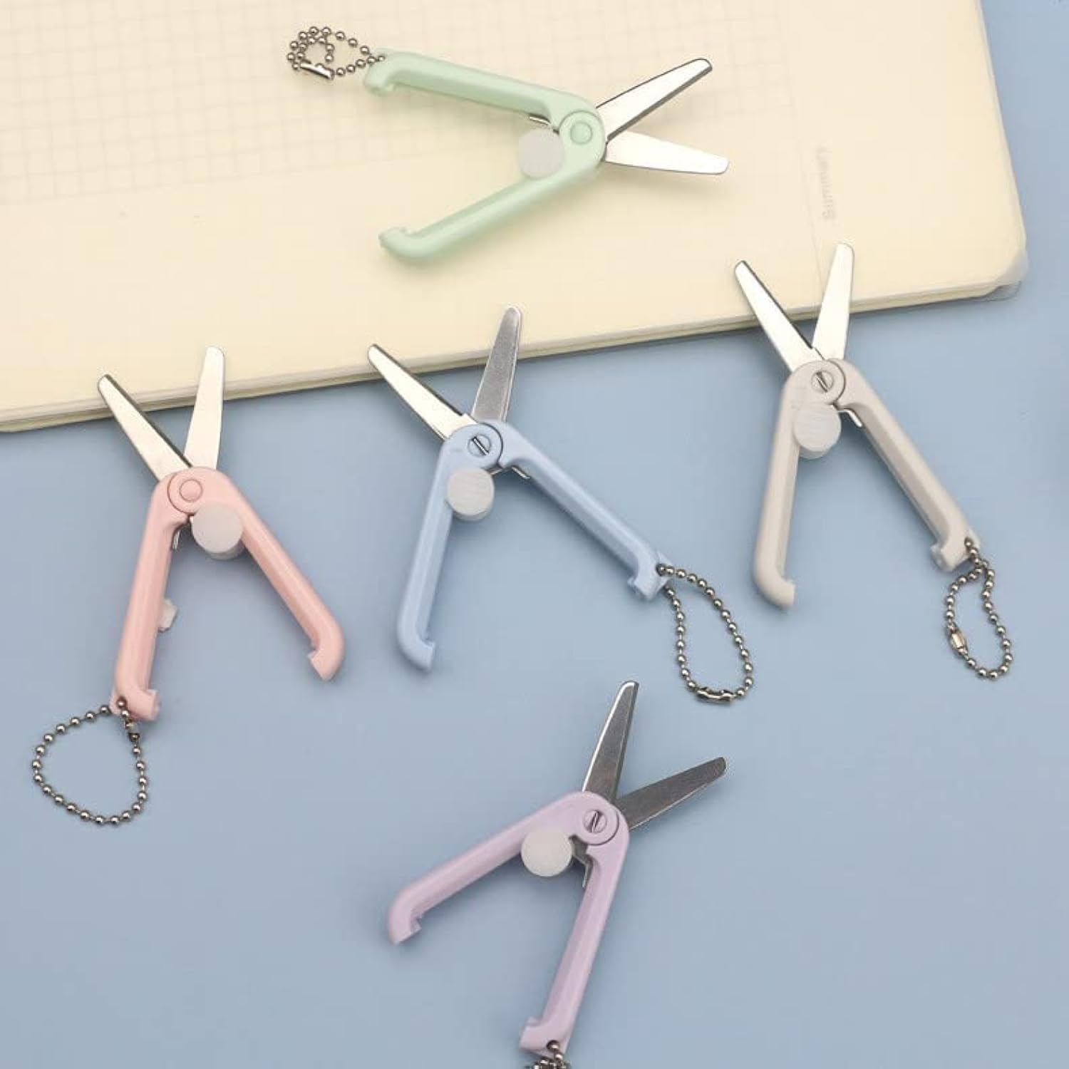 5 Pack Morandi Mini Folding Scissors with Key Chain, Retractable, round Edge, Stainless Steel, Pastel Color, Ambidextrous, Ideal for DIY, Crafting, Travel image number 5