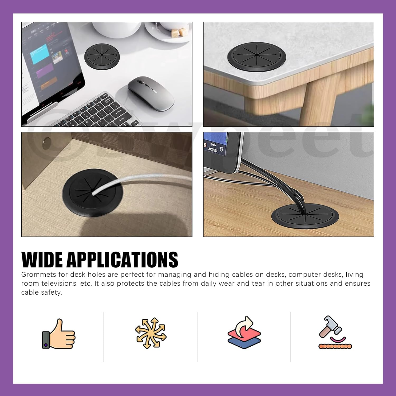 Swpeet 6Pcs 2.4 Inch (60Mm) Rubber Desk Grommet with Hole Saw, Flexible Cable Grommet, Desk Cable Hole Covers, Wire Hole Cover, Desk Cord Hole Cover for Desk Table Wire Pass through Wire Protection image number 1