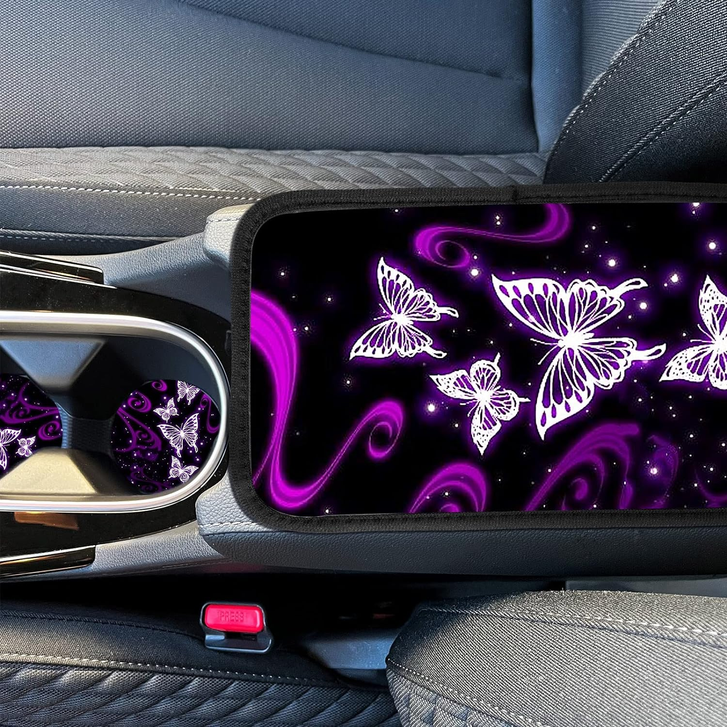 Frienda 10 Pcs Car Seat Covers for Women Accessories Interior Seat Covers with Steering Wheel Cover, Wrist Strap, Car Cup Mats, Armrest Pad, Shoulder Pad, Key Chain(Butterfly)