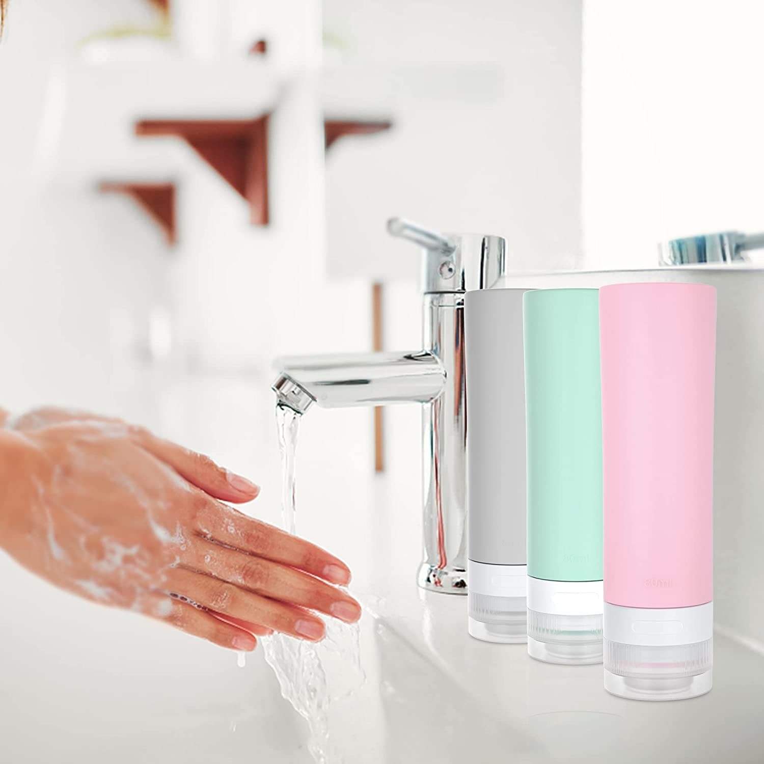 6-Piece Toiletries Set, Four 80ML Leak-Proof Silicone Squeezable Travel Bottles and Two 20ML Cream Boxes for Shampoo Conditioner Lotion Body Wash and Cream Cream&hellip; image number 6