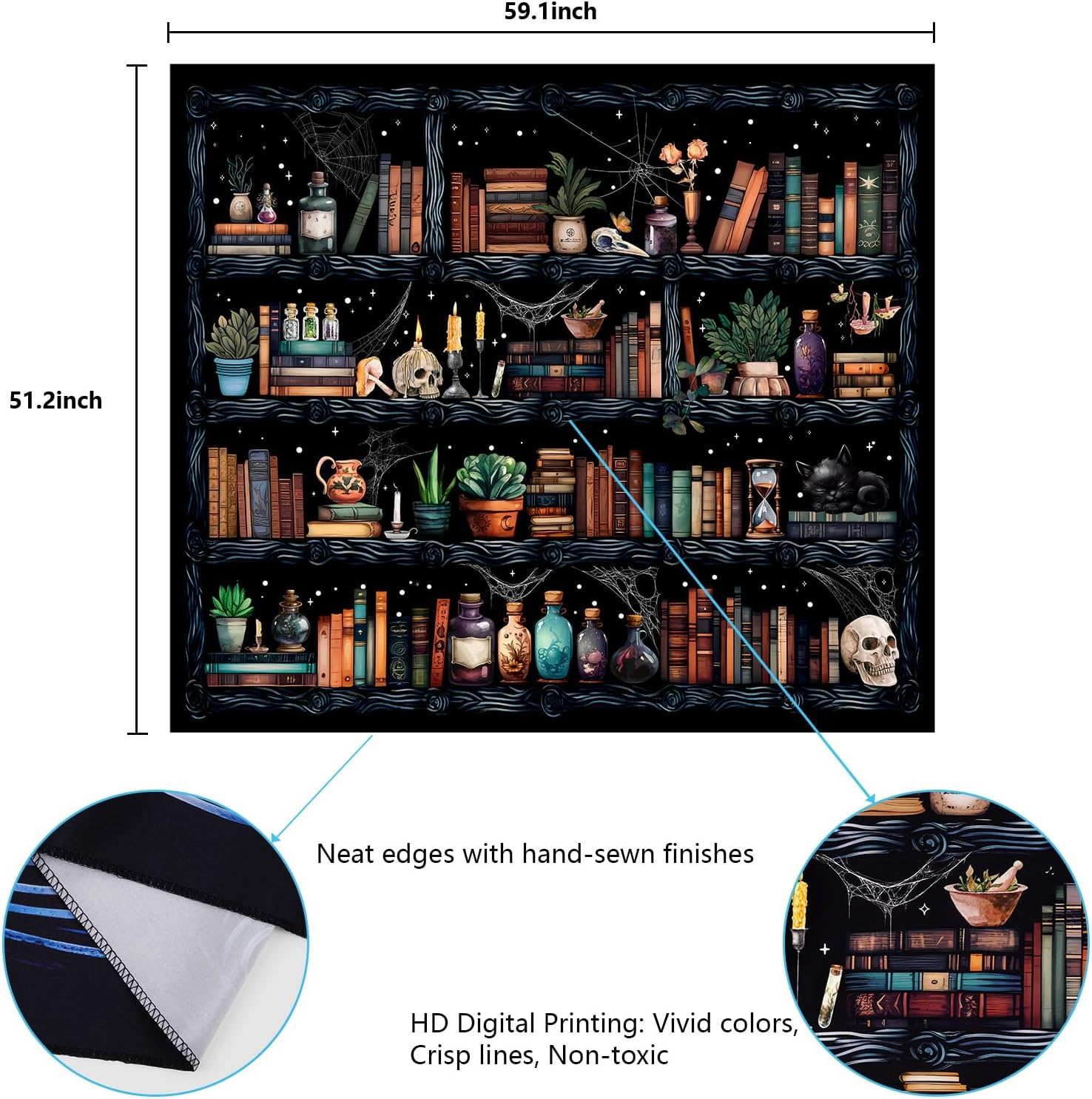 Uspring Bookshelf Tapestry Magical Book Tapestries Goth Skull Tapestry Vintage Botanical Tapestry Black Cat Wall Tapestry Hanging for Bedroom Home Decor (51.2 X 59.1Inches)