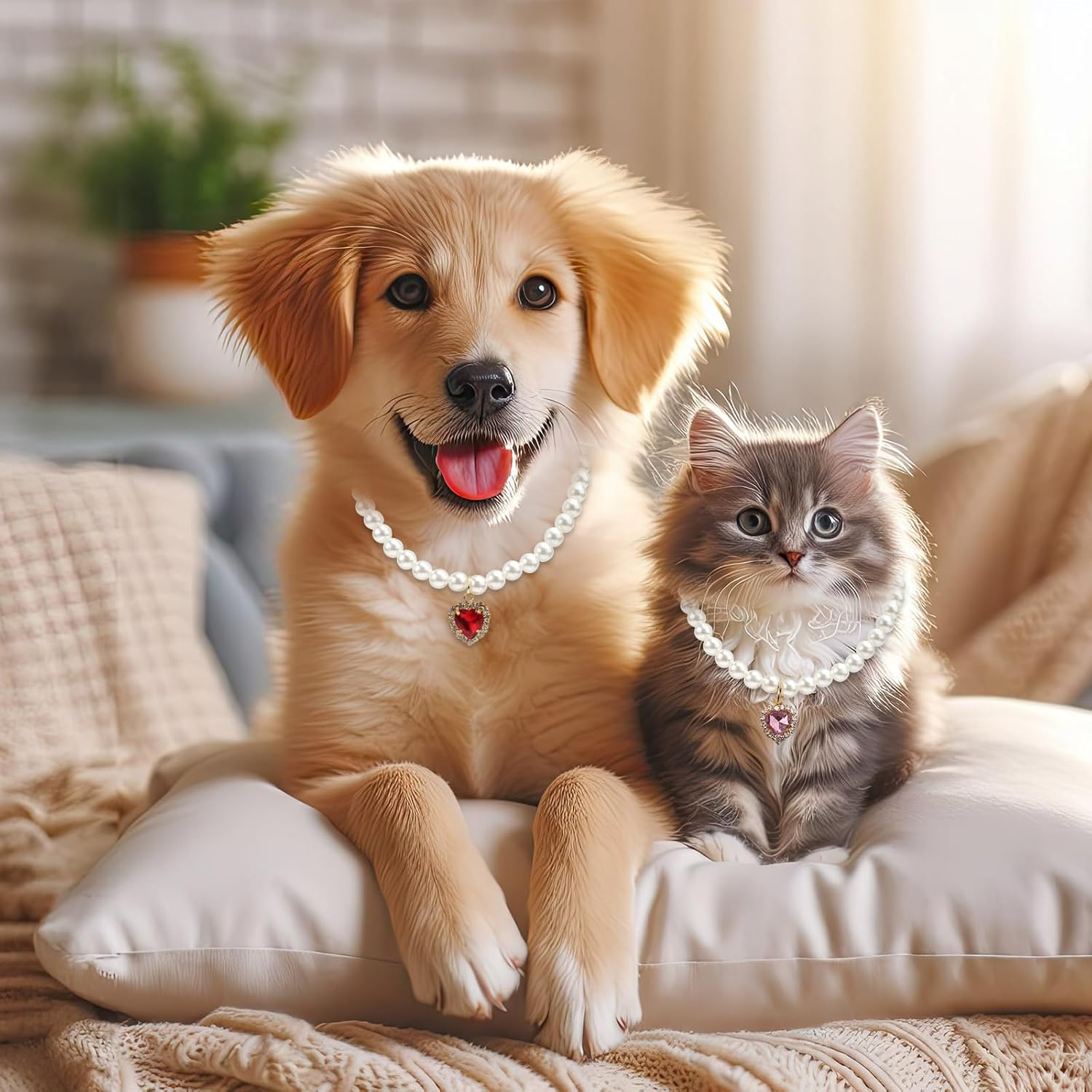 3-Piece Pearl Collar for Dogs and Cats, Adjustable Pearl Collar with Heart-Shaped Rhinestone Pendant, Wedding Jewellery for Small Cat Puppies image number 1