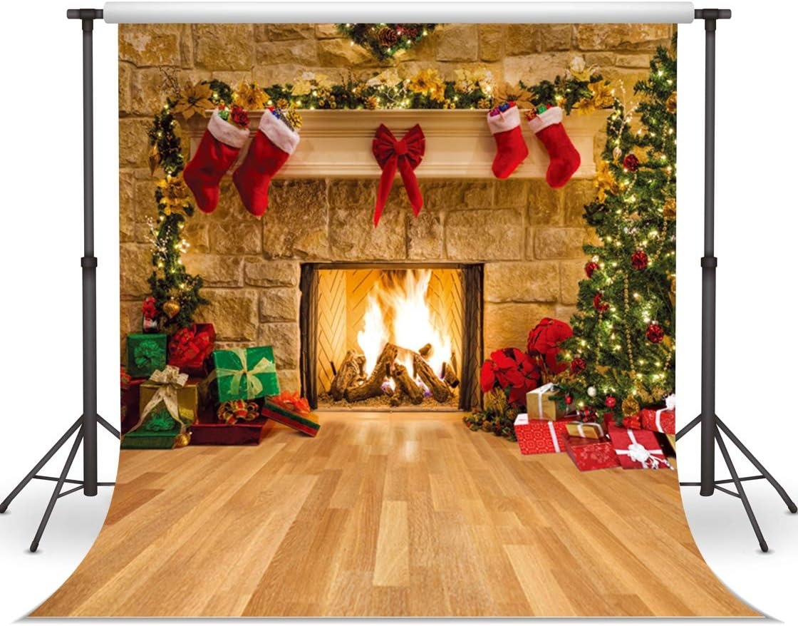 LYWYGG 10X8Ft Christmas Background Fireplace Background Christmas Trees Background Christmas Dinner Background Fabric Family Party Decorations Eve Fireplace Photography Background CP-282-1008 image number 1