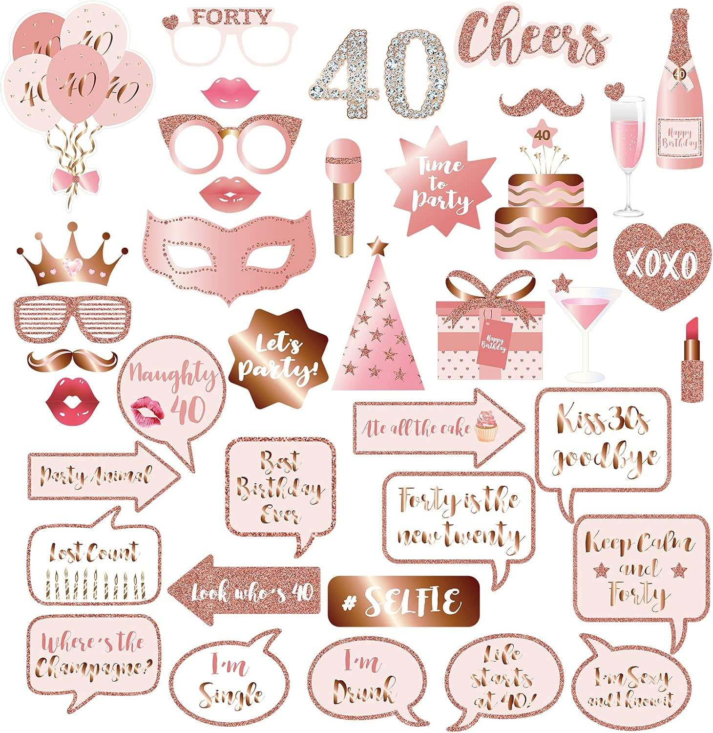 40Th Birthday Party Photo Booth Props and Signs, Rose Gold 40 Birthday Party Selfie Props Kit with Sticks for Girls Women, Forty 40Th Happy Birthday Party Decorations Supplies Favors image number 3