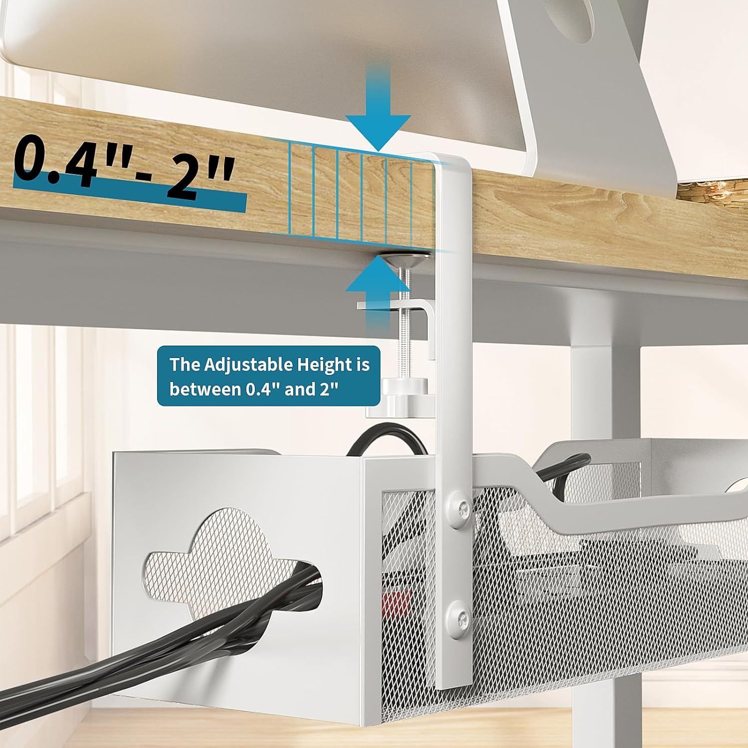 Under Desk Cable Management Tray, Litwaro No Drill, Metal Tray with Clamp for Wire Management, Cord Organizer Home Office Damage to Standing Desk, White, 13.38'' image number 3