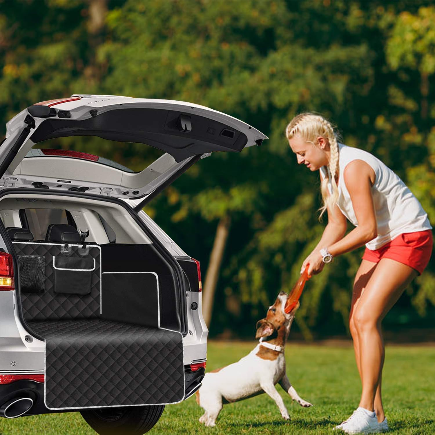 Dog Car Seat Protector for Back Seat, Car Boot Liners for Dogs，With 3 Organizer Pockets and Side Flaps. Dog Car Seat Covers, Non-Slip, Waterproof, Large Size for All Cars, Trucks and Suvs image number 4