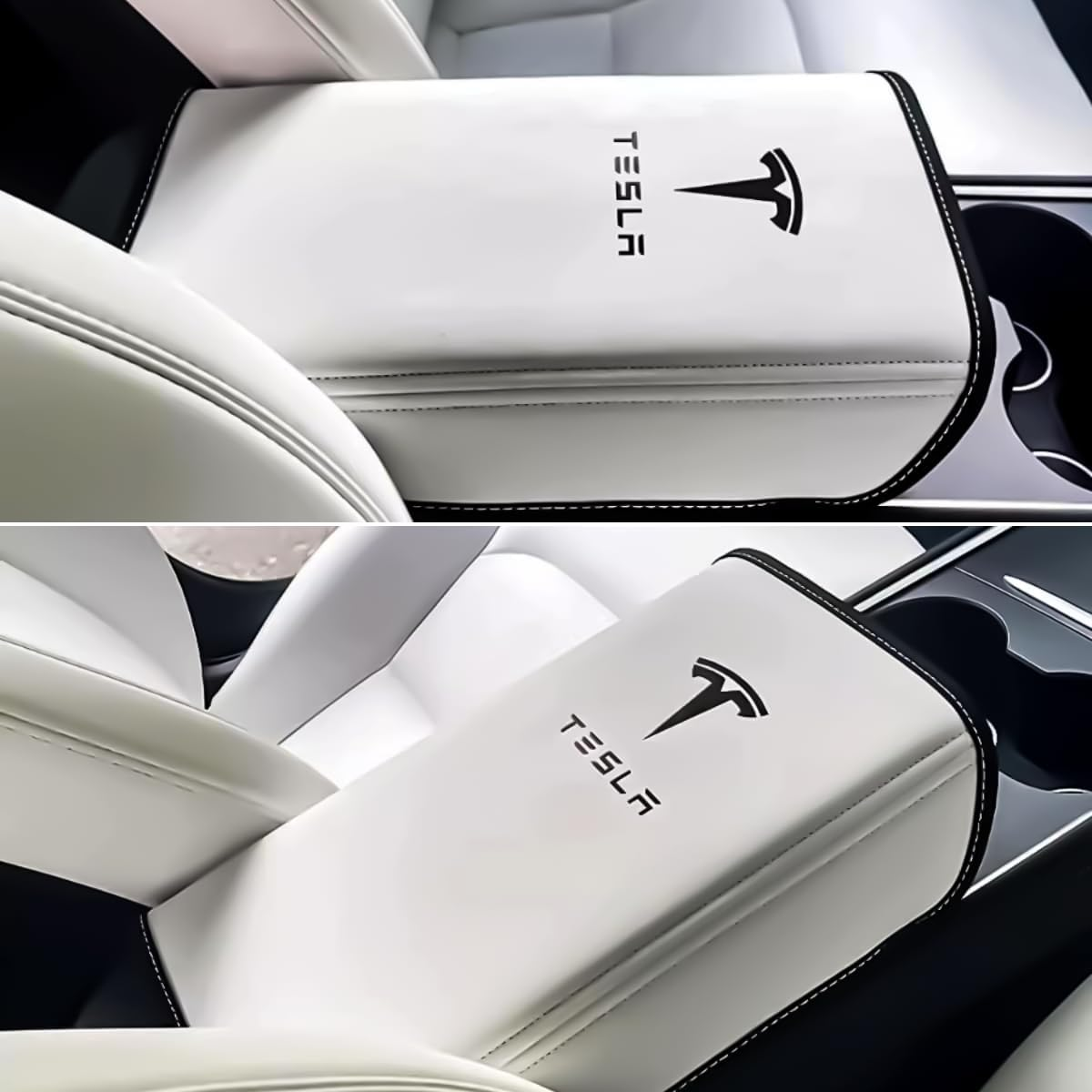 White Armrest Cover for Tesla Model Y / 3 Center Console 2017-2023, Anti-Scratch and Waterproof Soft PU Leather Armrest Protector Cushion