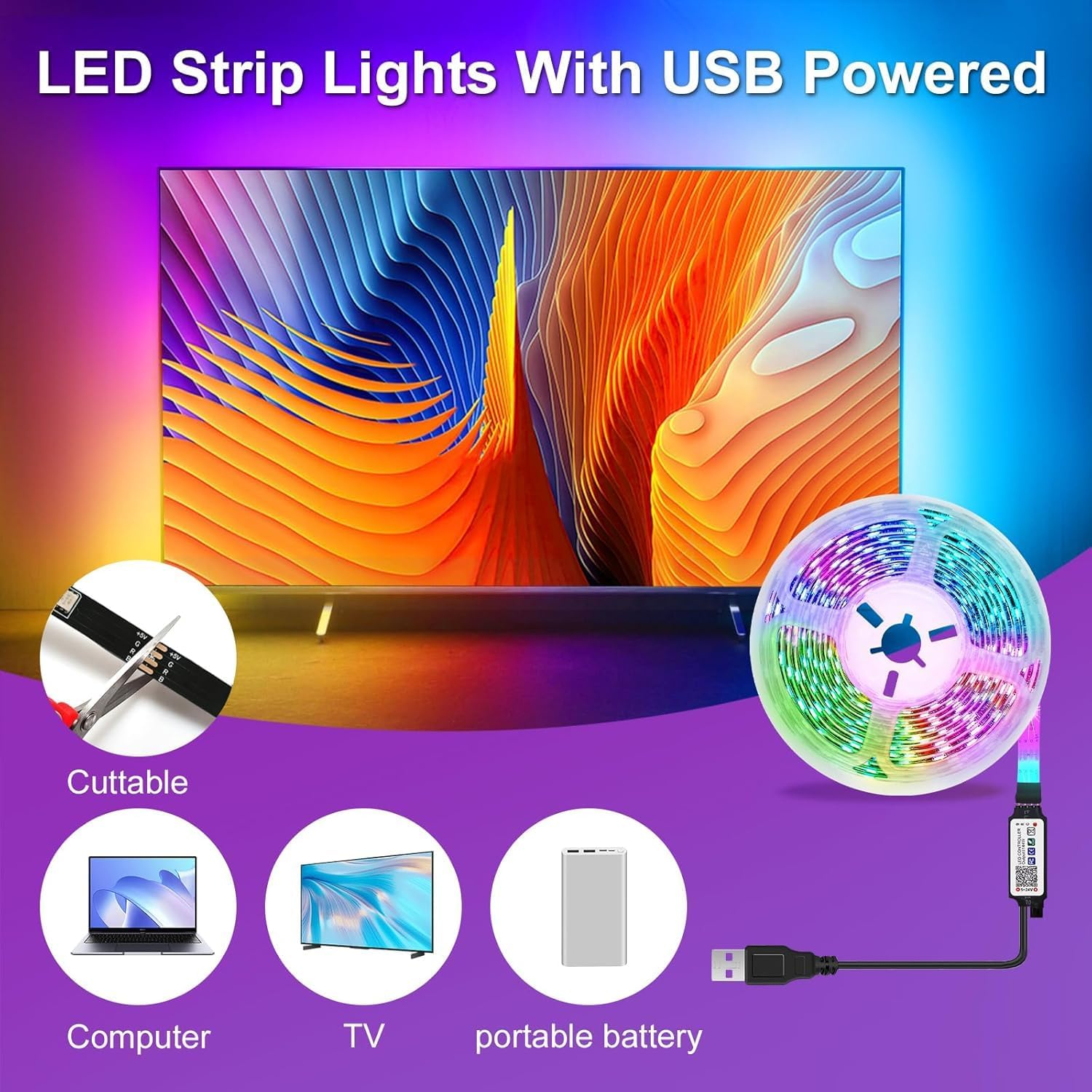 LED Strip Lights 4M, TV Led Lightsfor 50-65 Inch, USB LED TV Backlights with Remote/App Control, Music Sync Backlights Color Changing Led Strip for TV PC Monitor image number 2
