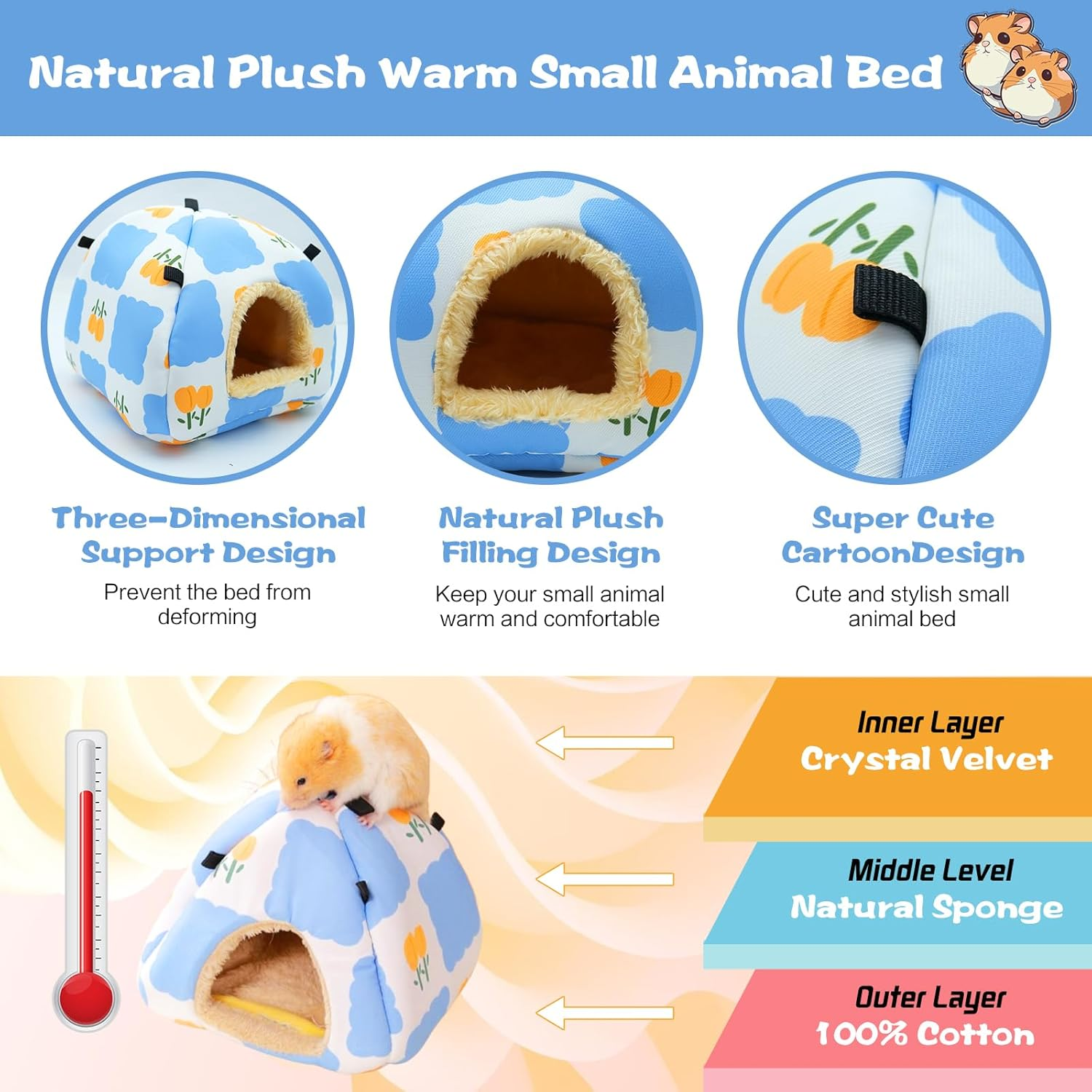 SUSOO Plush Warm Hamster Hideout for Small Animal Bedding Cage Accessories,Breathable Guinea Pig Bed House Hideout for Dwarf Rabbits,Chinchillas,Hamsters,Hedgehogs,Squirrel and Rats（Flowers/M/Size image number 3