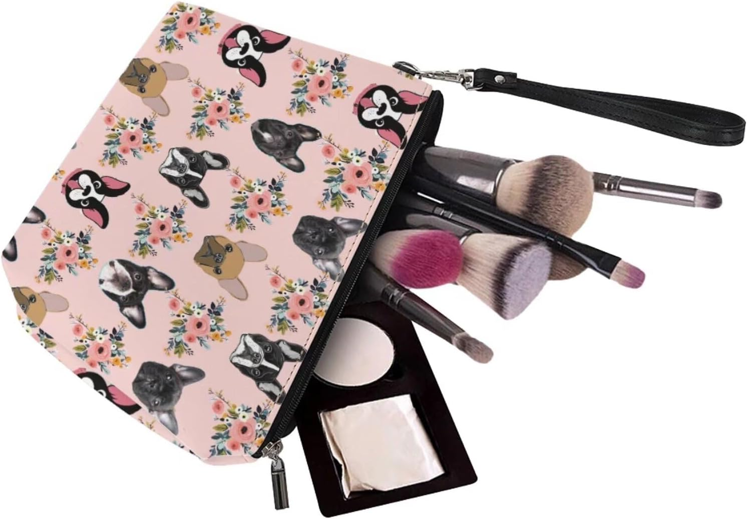Mumeson Boston Bulldog and Flower Print Women Leather Trapezoid Toiletry Bag,Pink image number 5