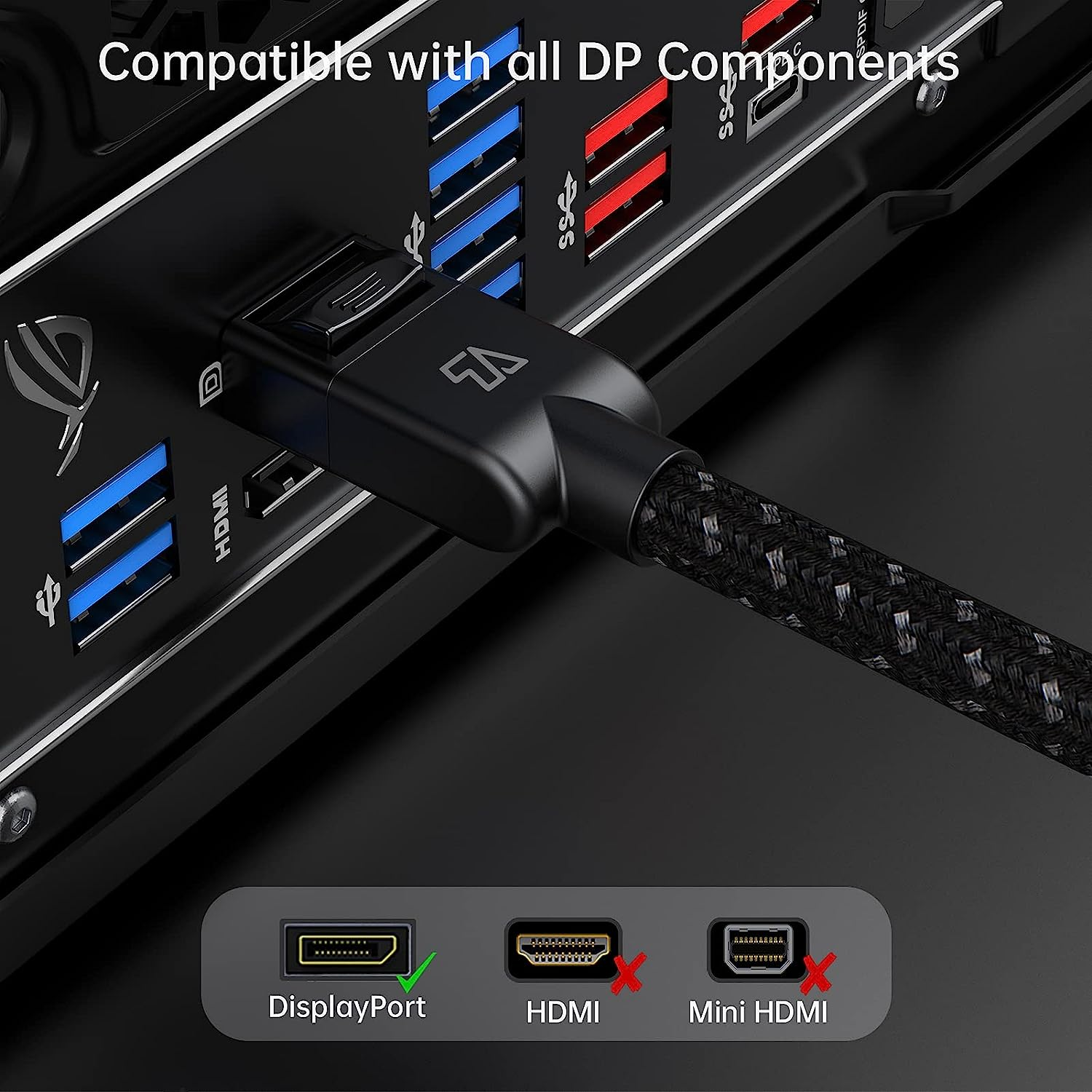 Displayport 1.4 Video Cable 2M, 8K Displayport Cable Support 8K@60Hz / 4K@144Hz, 32.4Gbps HDR High Speed Nylon Braided Displayport Cord for HDCP 3D,Laptop,Pc,Gaming Monitor,Tv