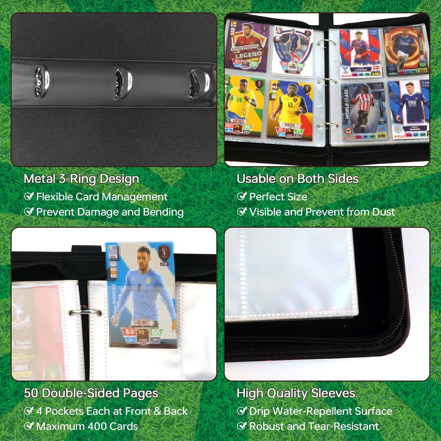 Soccer Card Binder for 400 Cards, 4 Pocket Card Collection Album with 50 Removable Sleeves and Zipper Carrying Handle, Waterproof Sports Trading Card Holder, Portable 3-Ring Soccer Card Folder image number 1