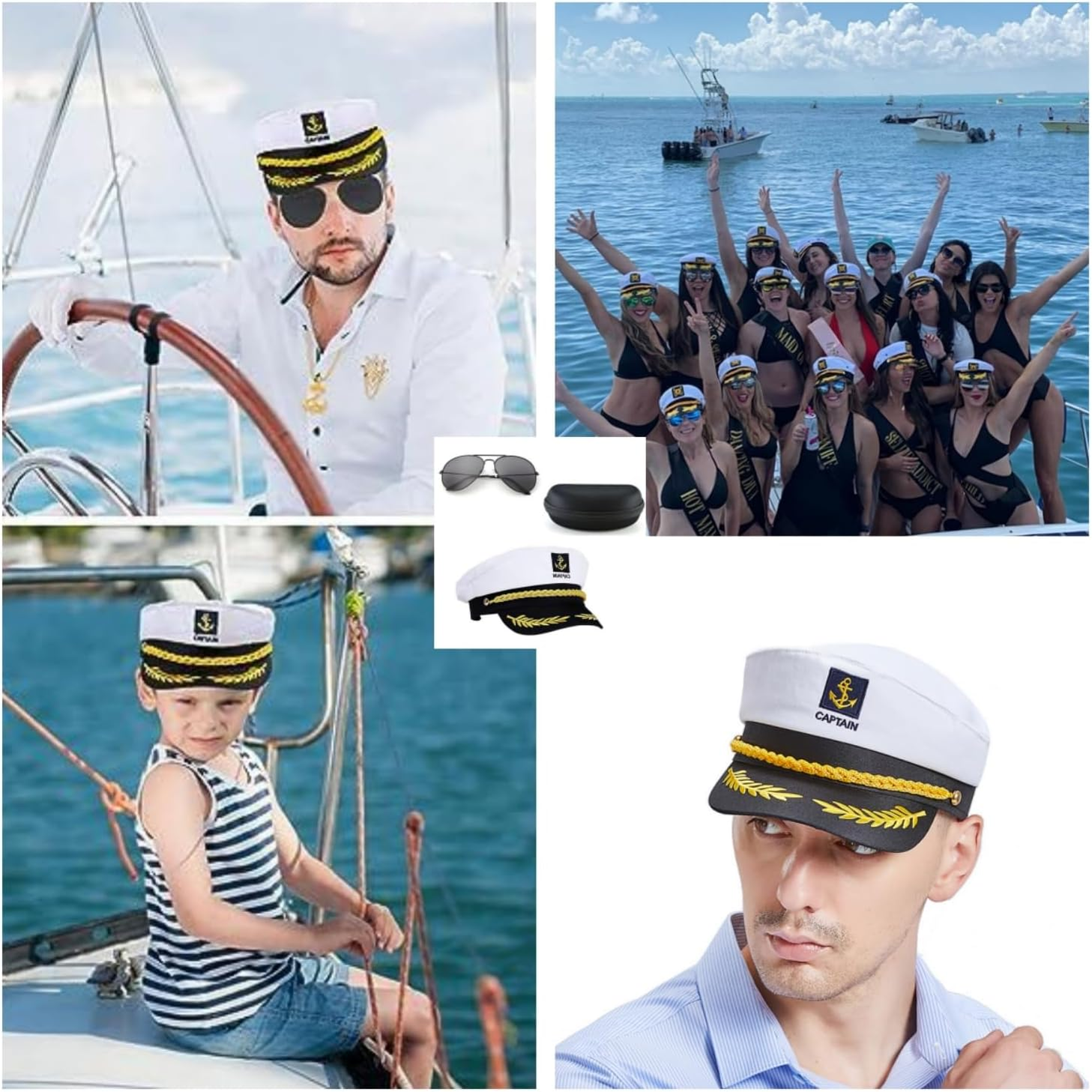 Yacht Captain Hat and Sunglasses with Case, Costume Accessory for Navy Masquerade Party, Marine Admiral Adjustable Hat Yacht Boat Ship Sailor Accessories Set image number 4