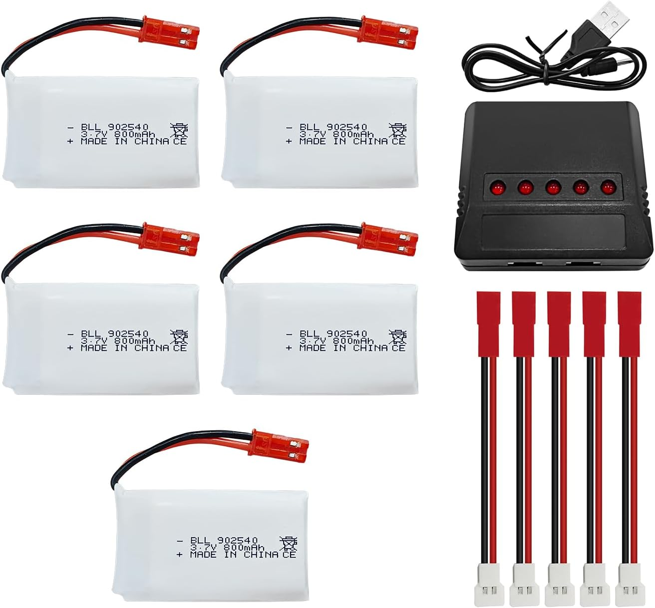 Fytoo 5PCS 3.7V 800Mah Lipo Battery Remote Control Drone Battery with 5In1 Charger JST Plug Suitable for SYMA X56W MJX X400W X300C X800 HS110 HS200 S670 V950Hd S1750 V2450 RC Quadcopter Battery image number 3