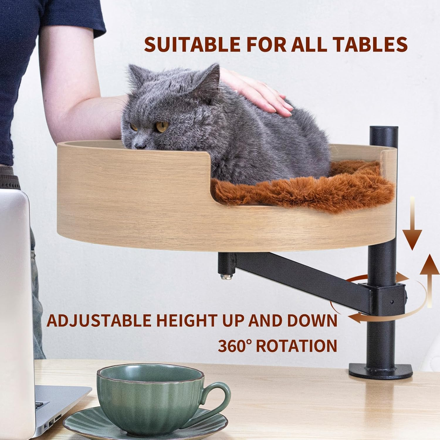 Cat Bed Desk with Pet Mat, Cat Hammock for Desk, ZBUQ Cat Bed Desk with Wooden Bowl, 360&deg; Rotation and Adjustable Height, Light Brown image number 2