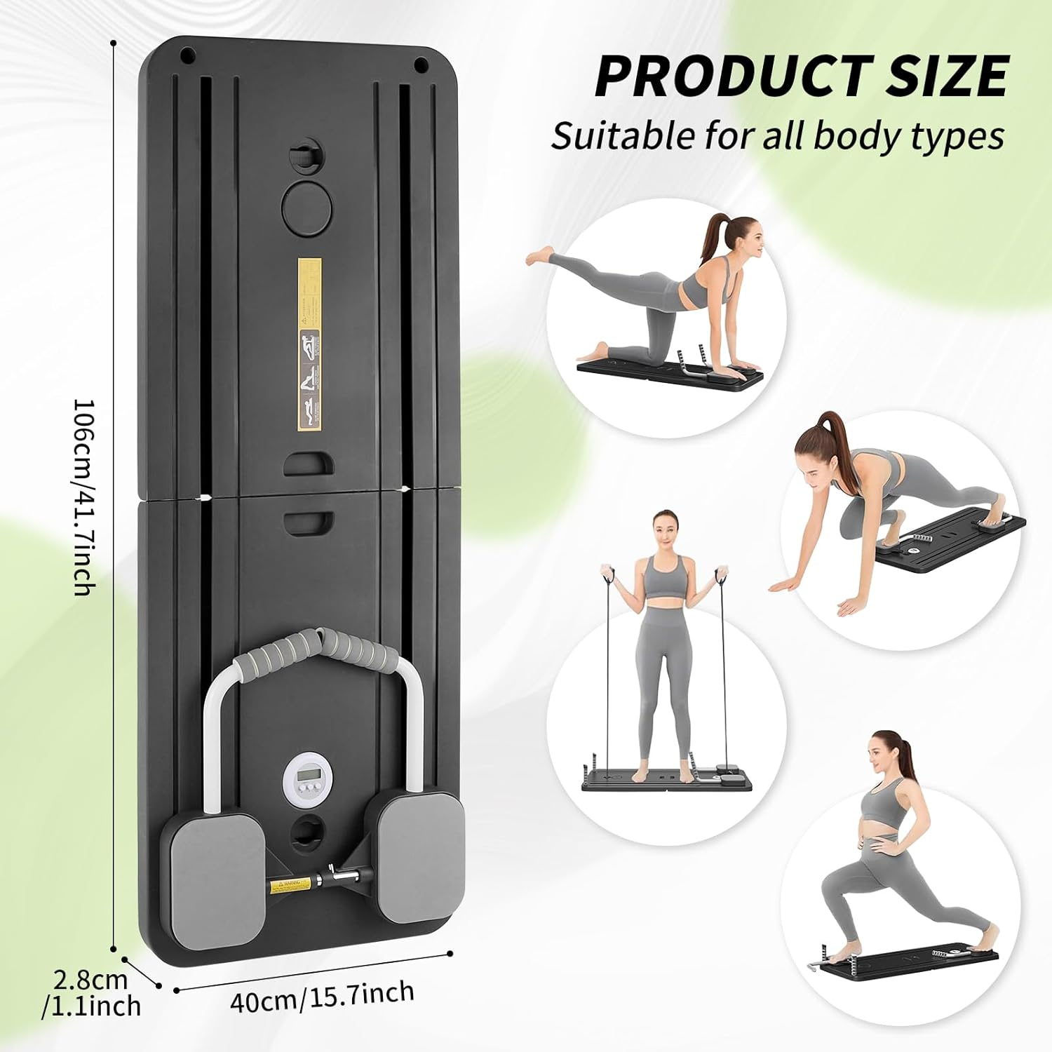 5 in 1 Pilates Reformer, Portable Foldable Pilates Board with Handles, Knee Pad and Compact Design, Black 106Cm X 40Cm X 2.8Cm Multifunctional Exercise Machine Workout Equipment for Women image number 3