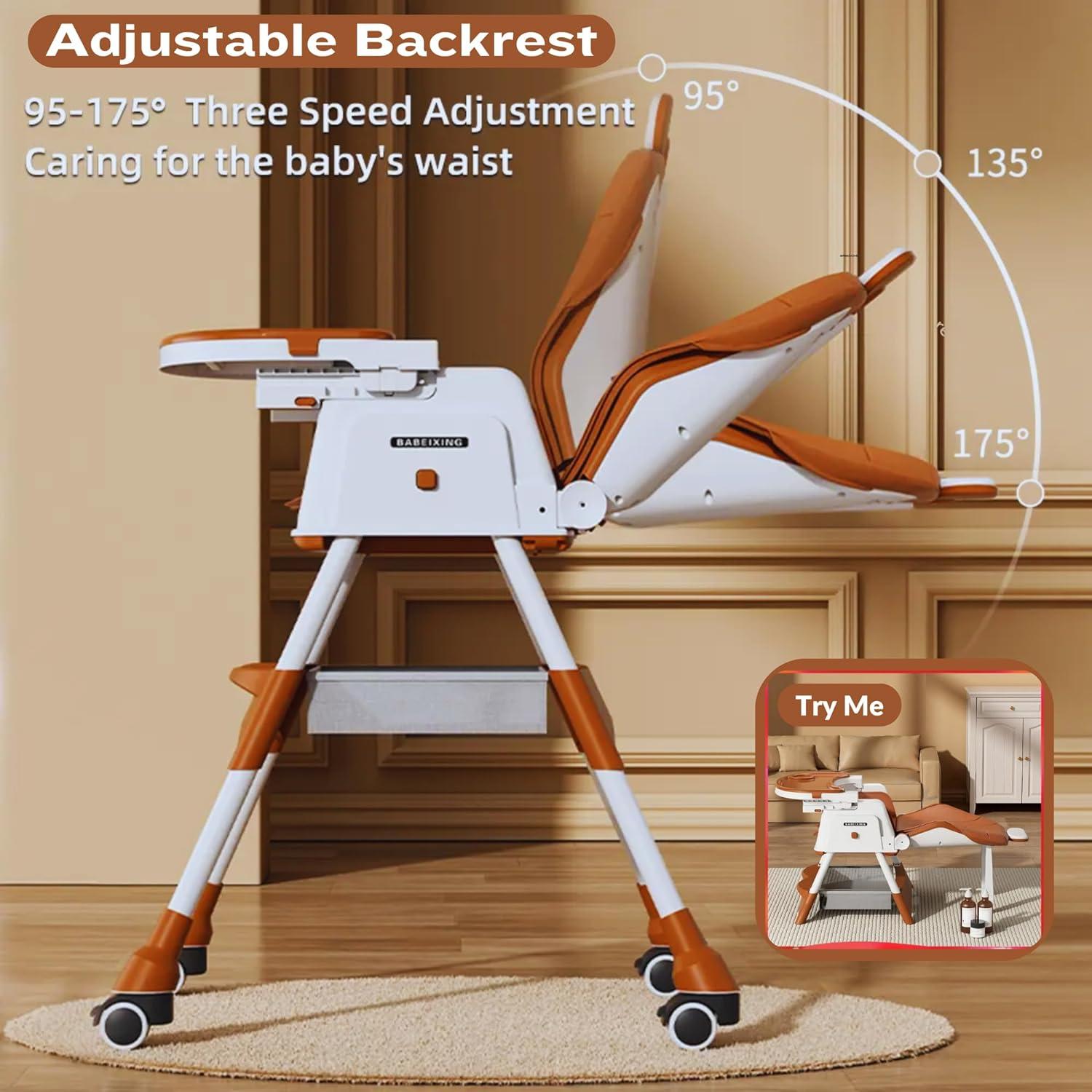 New Multifunctional Baby Highchair with 4 Wheels | Infant/Toddler Dining Chair Adjustable Highchair | Multi-Gear Tray, Removable Seat Cushion & 5 Point Harness, Portable High Chair (Brown)