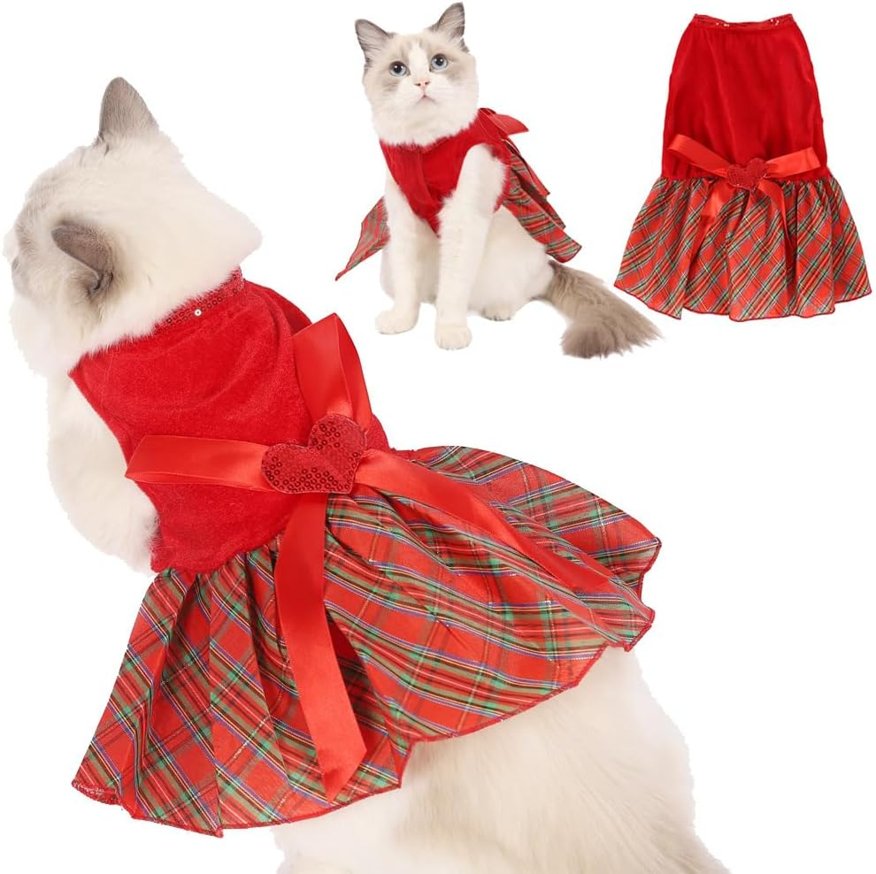 Bow-Knot Christmas Pet Costume Plaid Skirt Dog Clothes Santa Dress (Red, XS)