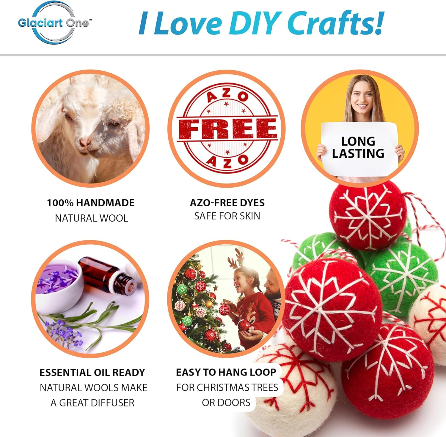 Glaciart One Felt Balls Snowflake Ornaments (9 Pieces) 2 Inch (5 Cm), 100% New Zealand Wool, 3 Colors Hand-Felted in Nepal - Christmas Party Banner Decoration - Scandinavian Wool Snowflake - Swirls  Dots image number 2