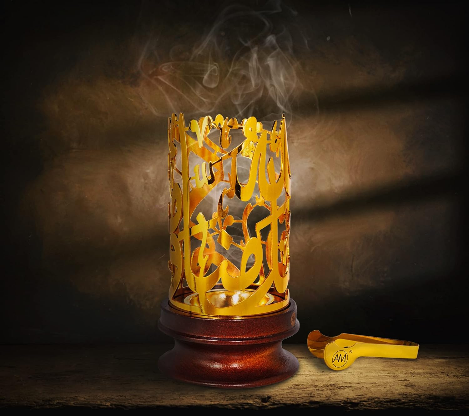 AM Bakhoor Calligraphy Incense Burner - Metalic Resin Cone Holder | Wooden Base | Frankincense Charcoal Burner (Mabkhara) | Spiritual Gifts for Office & Home Decor (Gold) image number 2