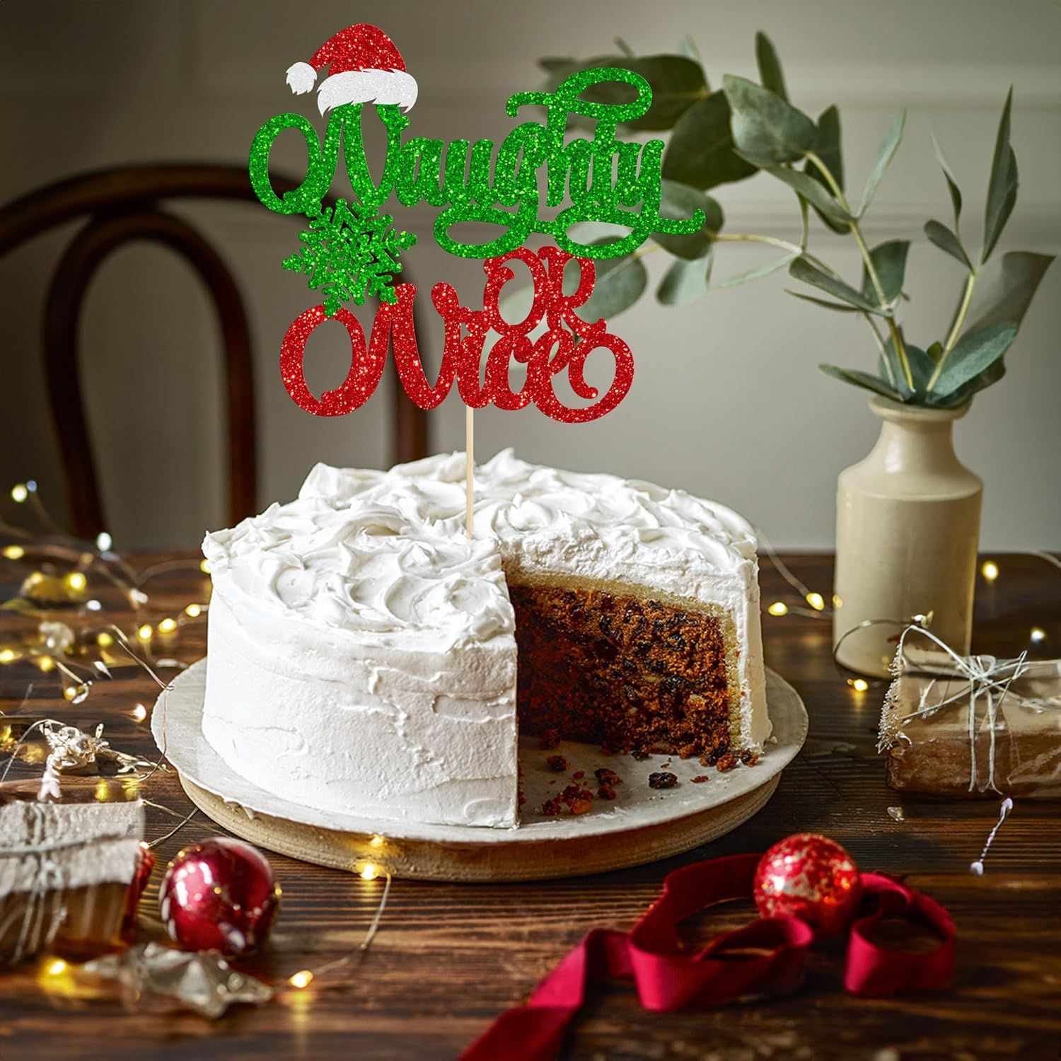 Gyufise 1Pc Naughty or Nice Cake Topper Red Green Glitter Santa Hat Snowflake Christmas Cake Decoration for Naughty Merry Christmas Theme Birthday Baby Shower Party Happy New Year Party Supplies - Multicolor-25Pcs image number 5