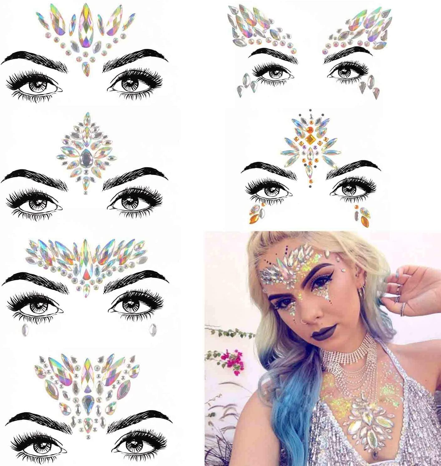 6 Sets Festival Rhinestones Rave Mermaid Face Jewel Tattoo - Tears Gems Rainbow Crystal Rocks Bindi Body Temporary Stones Stickers (Collection 2) image number 2