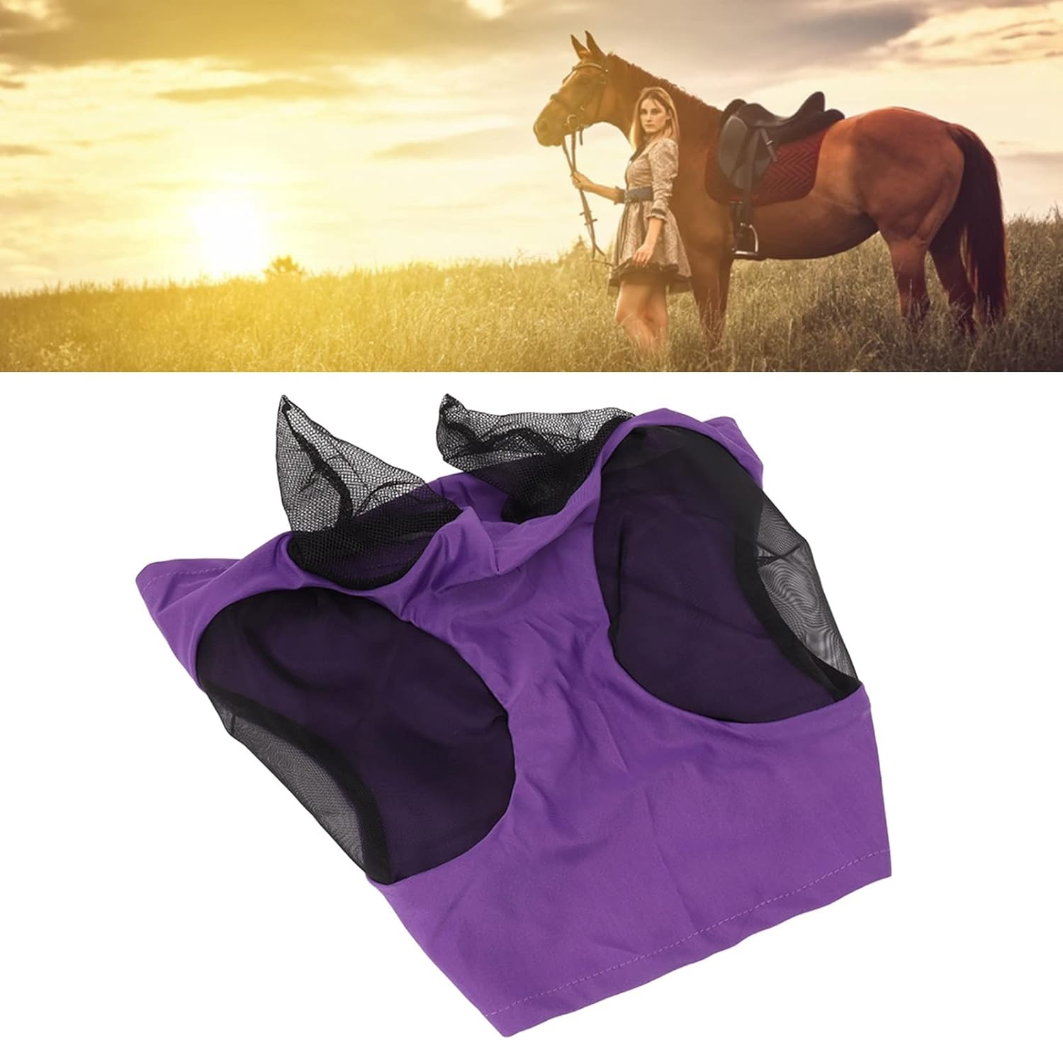 Breathable Horse Mesh Fly Mask with Ears, Elastic Equestrian Face Mask for Horses, Sunlight Protection & Fly Protector (Purple)