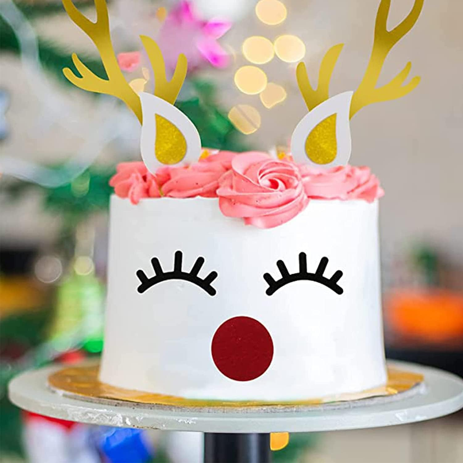 2 Set Christmas Cake Topper Decorations Reindeer Antler Cake Topper with Eyelashes Nose Ear for Easter Xmas Party Decor Supplies image number 2