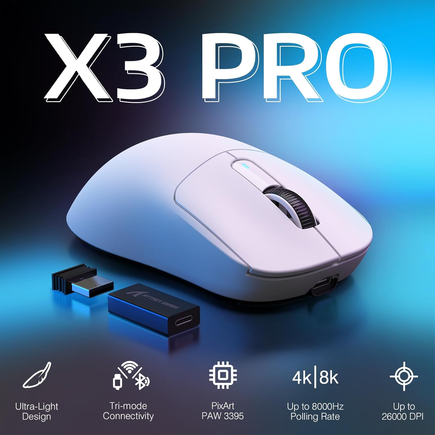 MANBASNAKE Attack Shark X3 Pro 4K/8K Hz Mouse, 59G Superlight BT/2.4G Wireless/Wired Gaming Mouse, Pixart PAW3395 Gaming Sensor, 26000 DPI, Programmable Buttons for Win11/Xbox/Ps/Mac(White) image number 3