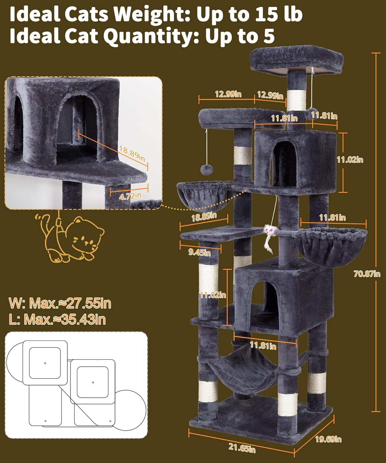 AMHANCIBLE Cat Tree, 180 Cm Tall for Indoor Adult Cats, Large Multi-Level Tower with Scratching Post, Hammock, Condos, Hanging Basket, Activity Center to Play and Sleep, Dark Grey, PT18DG image number 3