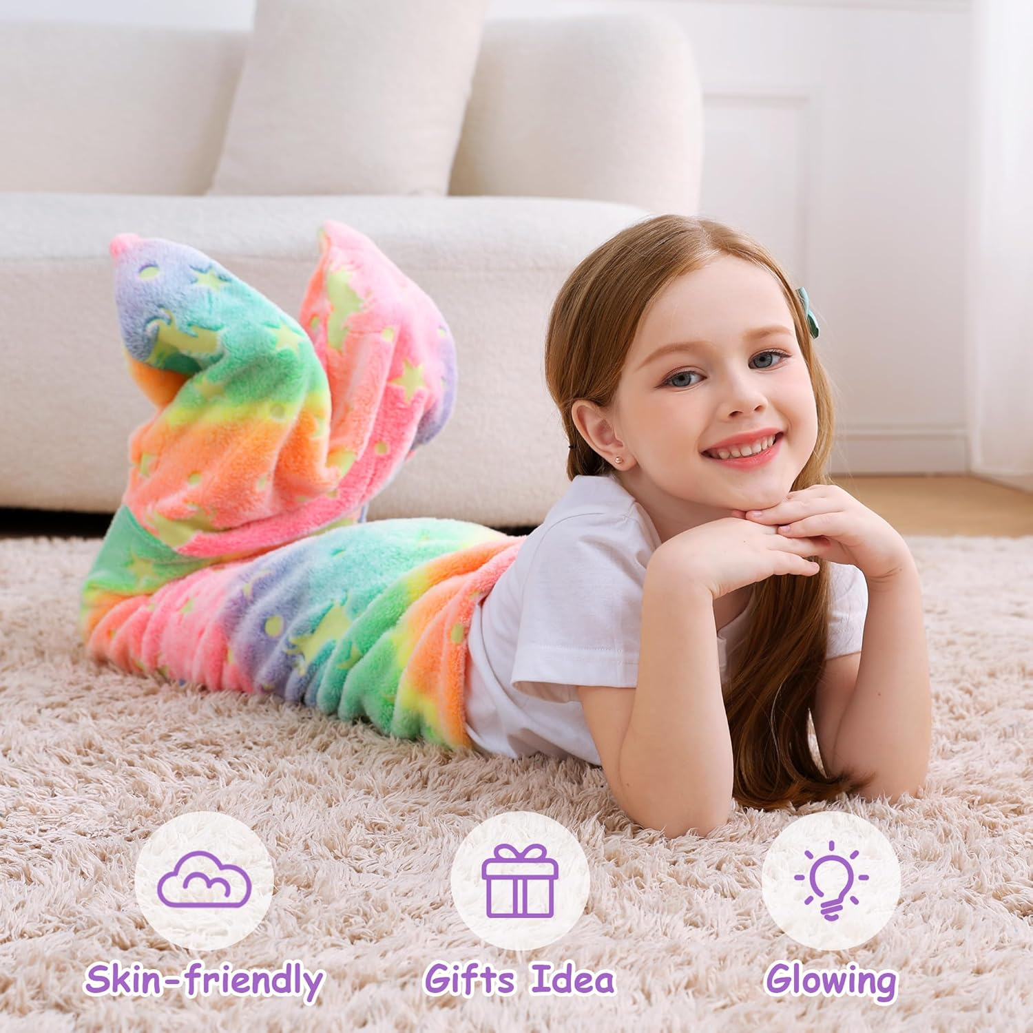 Kids Glow in the Dark Mermaid Tail Blanket - Unicorn Gifts for Girls, Soft Flannel Fleece with Rainbow Ombre Fish Scale Design, 100 X 43 Cm - Glow In Unicorn image number 3