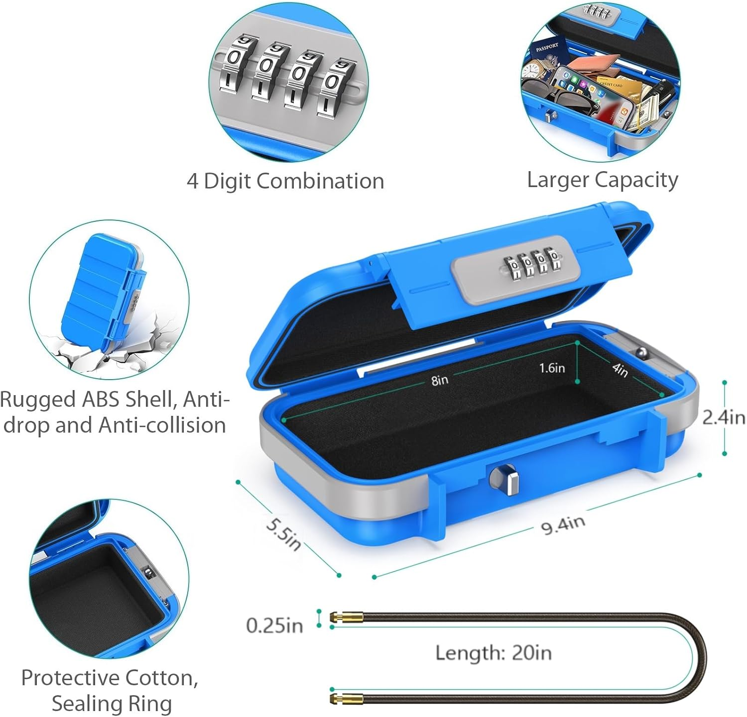 ORIA Portable Safe Box, Security Lock Box, Safe Lock Case with 4-Digit Code, Removable Wire Rope, Waterproof Key Lock Box for Passport, Credit Card, Phone, for Travel, Home, Office, Hotel, Beach -Blue image number 6