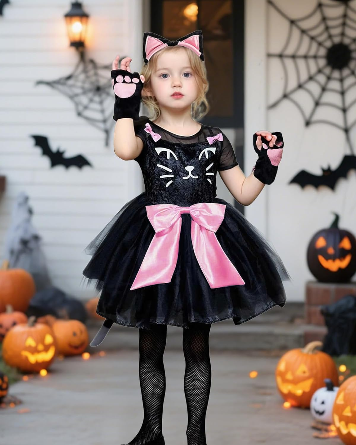 Halloween Costume for Girls Cat Dress Costumes with Cats Tail Headpiece and Gloves Kids Animal Cosplay image number 4