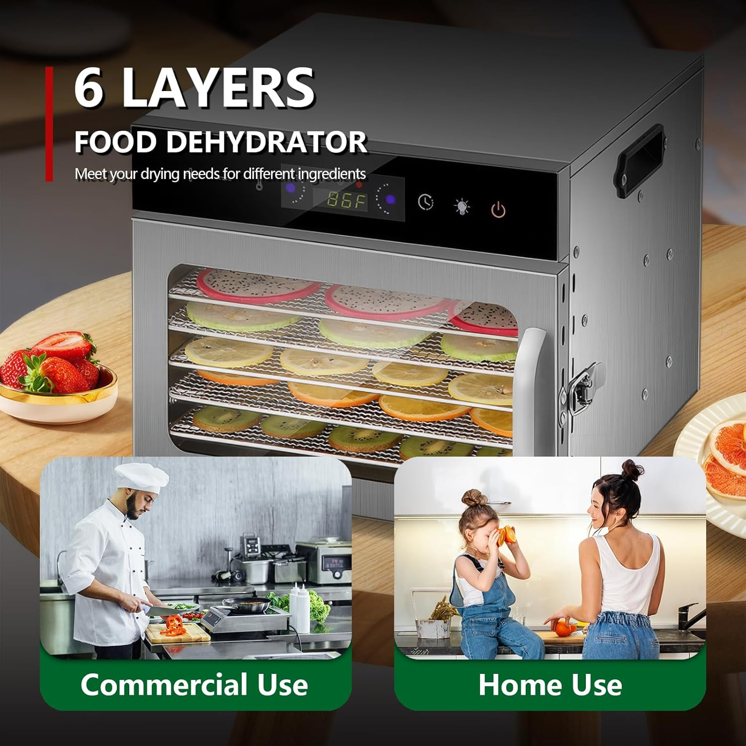 Stainless Steel Food Dehydrator, Oiyocemo 6 Tray Fruit Dryer Machine with Free Recipe Book, Bpa-Free, 30~90℃ Temperature Setting, Max 24H, Dehydrator Food Dryer for Vegetables, Meats, Chili image number 4