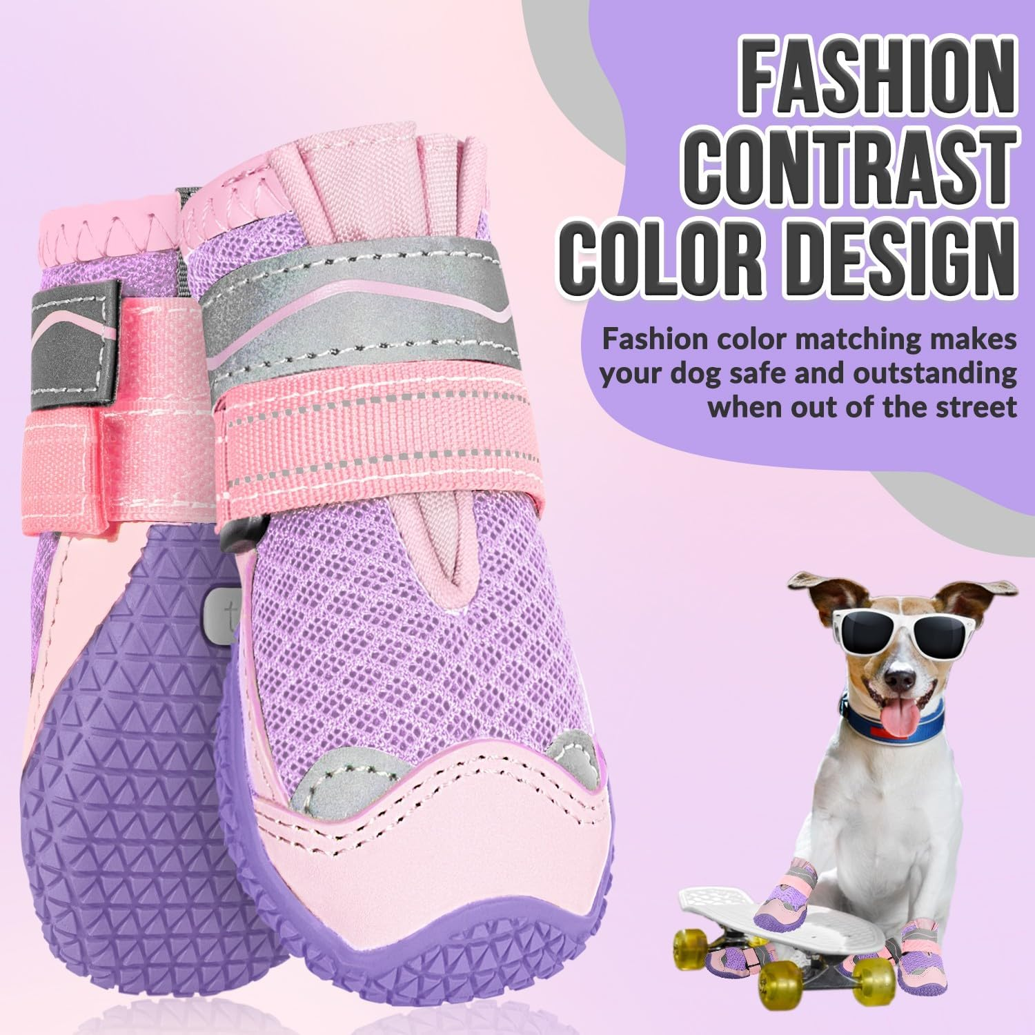 Slowton Dog Boots, Breathable Dog Paw Protector, Dual Adjustable & Washable Non-Slip Puppy Shoes with Reflective Strip for Injured Paws, Comfortable Walking Boots for Small Medium Large Puppy