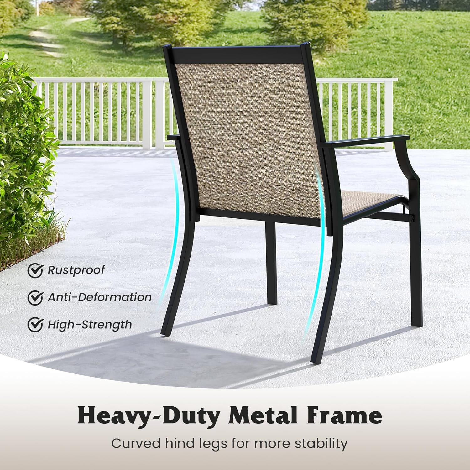 Costway 4 Piece Patio Dining Chairs, Large Outdoor Chairs W/Breathable Seat & Metal Frame, Ergonomic Back & Armrests, High Backrest Armchairs for Porch, Backyard, Lawn (Brown)