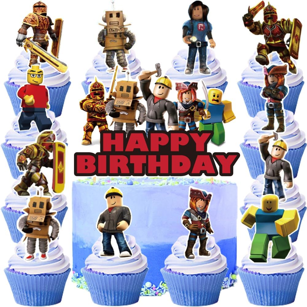 YGCHEN Cake Decoration for Roblox Cupcake Topper, Robot Birthday Cake Decoration, Video Game Cake Decoration, Happy Birthday Cake Topper, Children'S Birthday Cake Decoration, Pack of 26 image number 4