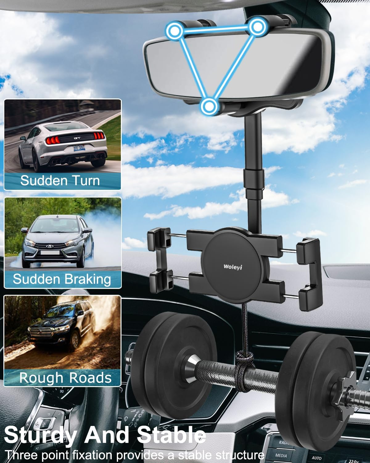 Car Rearview Mirror Phone Holder Mount [360&deg;Rotatable & Retractable] Rear View Mirror Cell Phone Holder for Car, Universal Multifunctional Car Clip for Iphone 14 Pro Max 13 12 11, All Mobile Phones image number 2