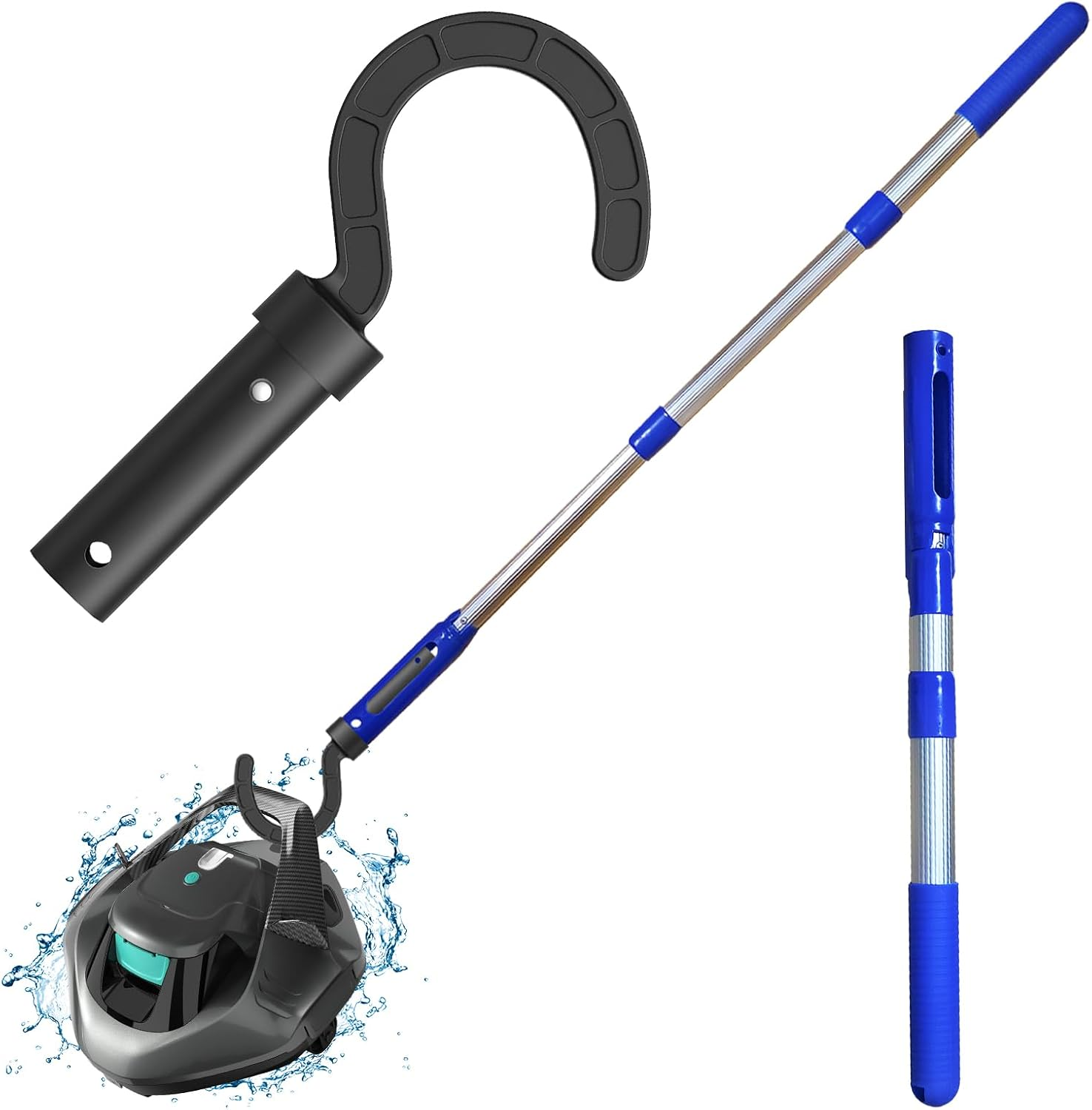 Hook with Swimming Telescopic Pole for All Robotic Pool Cleaner Customized for Pool Vacuum Robot Including Cordless,Above Ground and Underwater,3-Section 3 Feet Adjustable Aluminum Pole with Hook