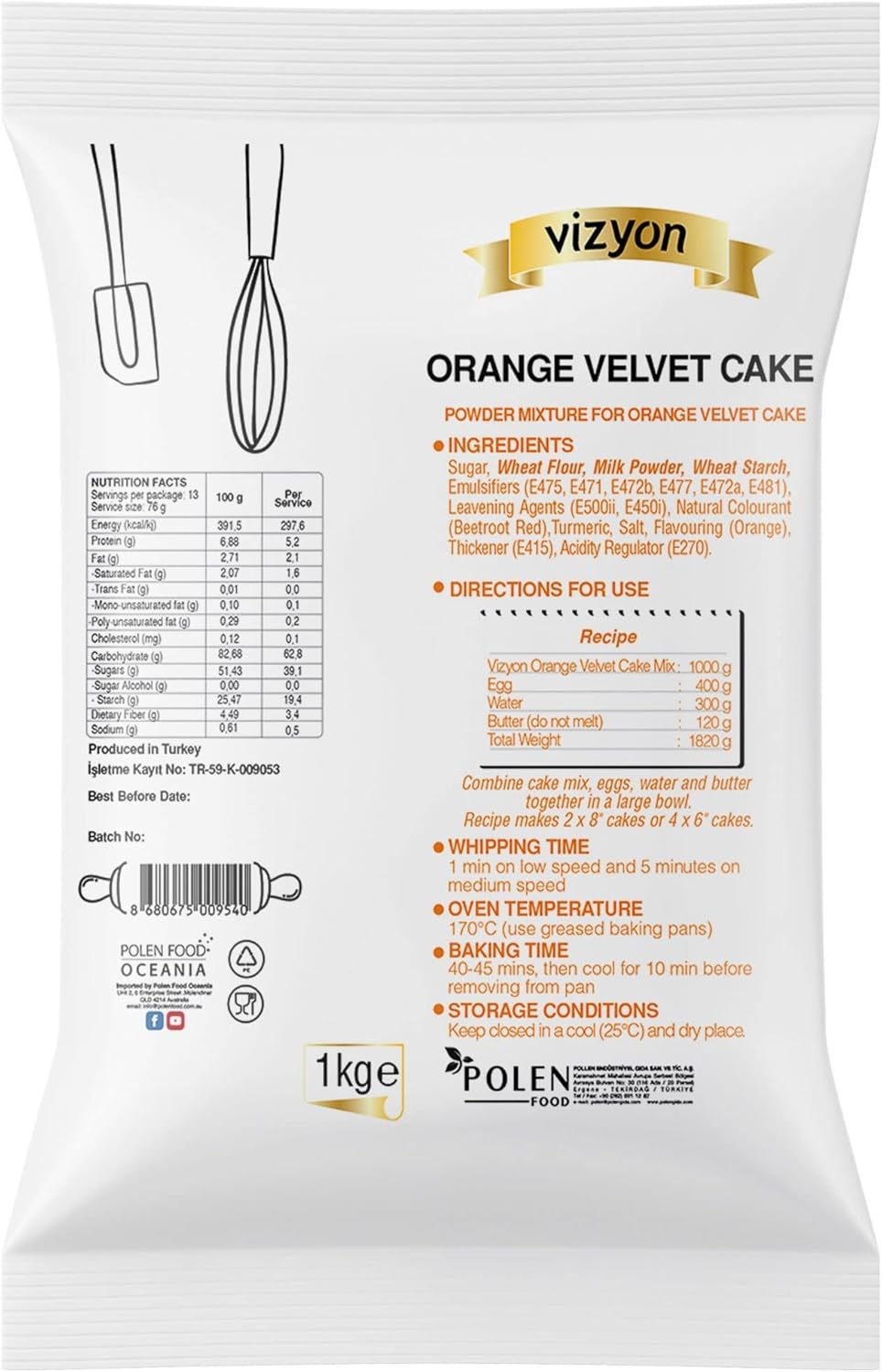 Vizyon Velvet Cake Mix 1 Kg, Orange