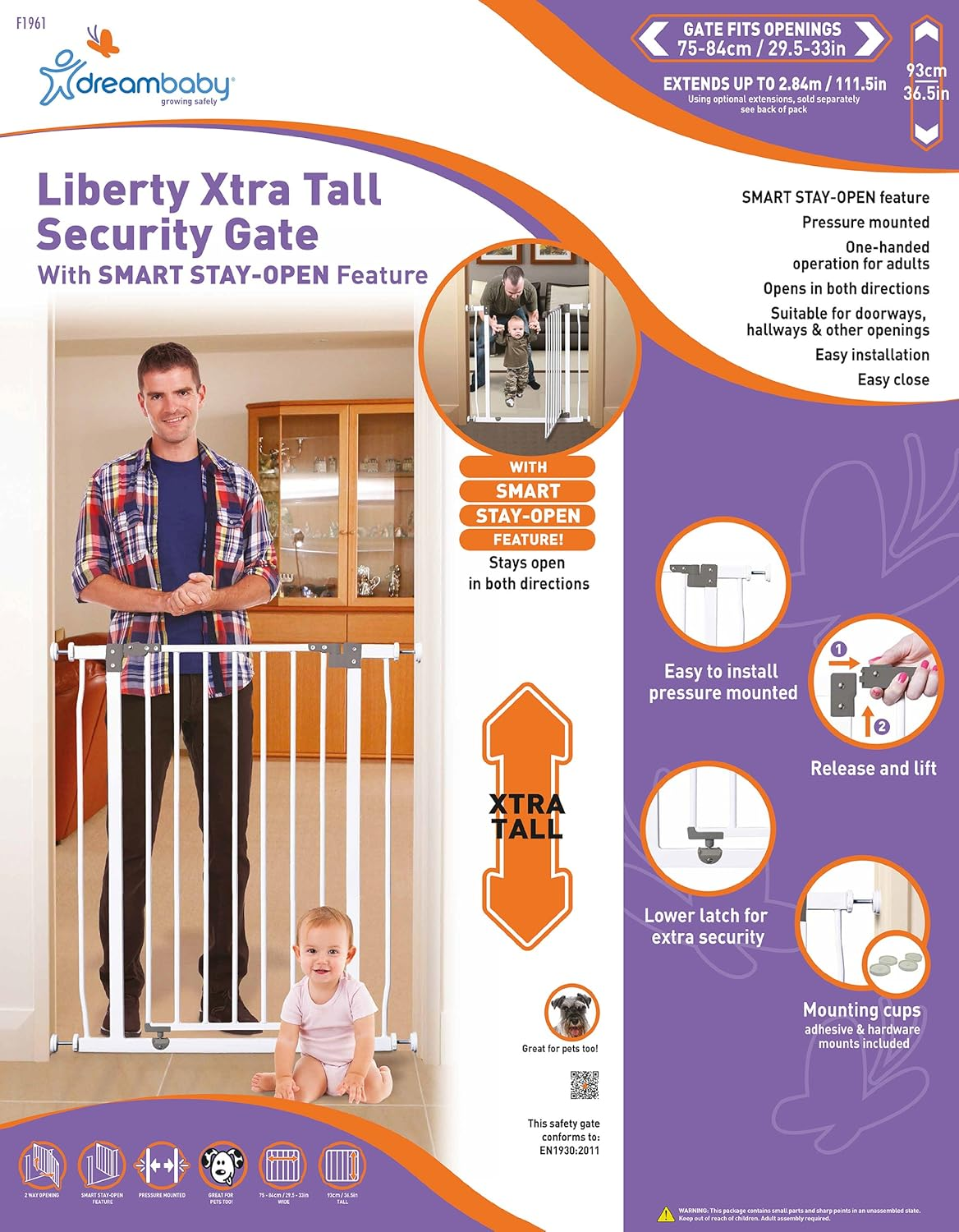 Dreambaby Liberty Xtra-Tall Security Gate with Smart Stay-Open Feature, White, image number 3