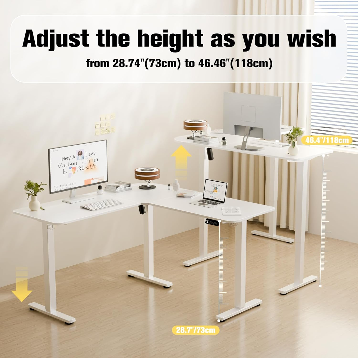 ERGOMAKER Corner Electric Standing Desk, 129 * 50Cm Height Adjustable L Shaped Desk, Stand up Desk with Splice Board, Sit Stand Desk with Memory Smart Handset(White Frame + White Desktop) image number 6