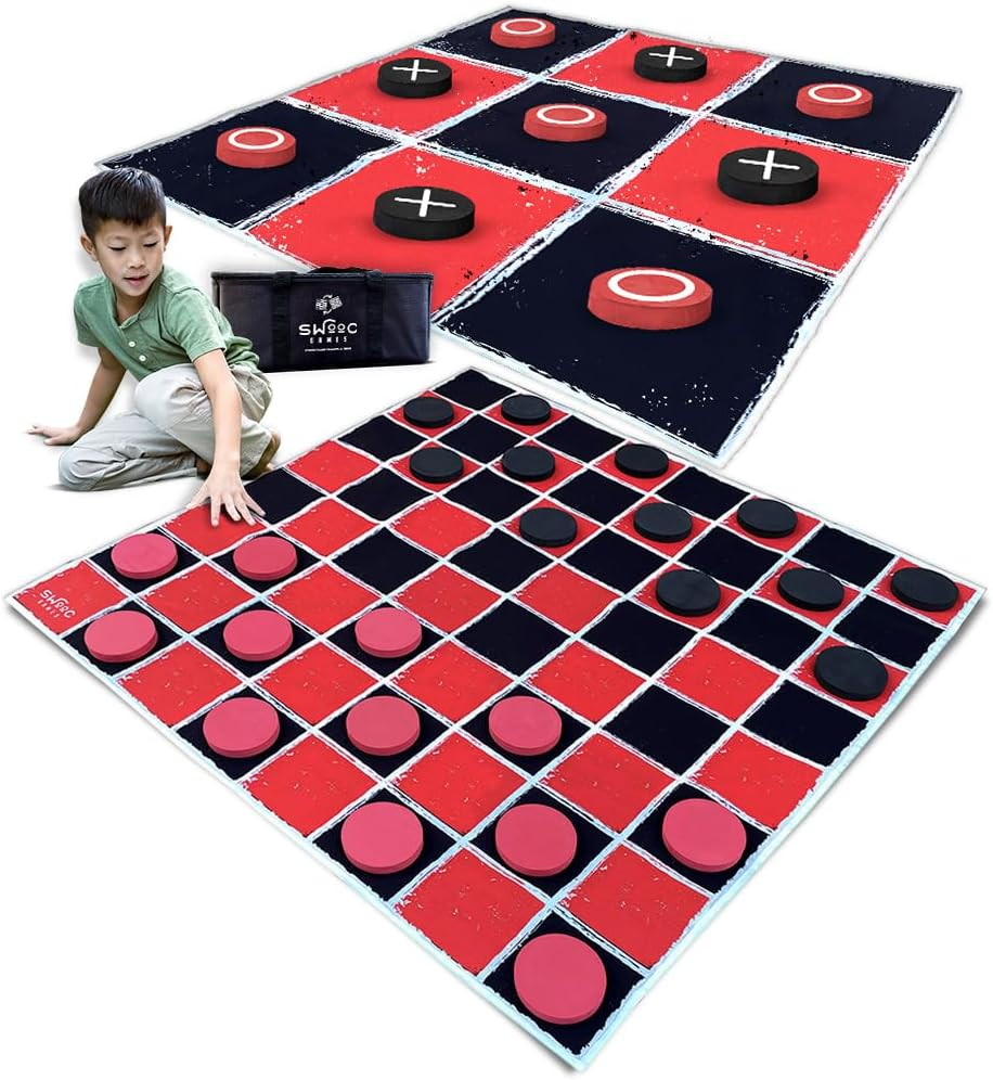 SWOOC Games - 2-In-1 Vintage Giant Checkers & Tic Tac Toe Game with Mat (4Ft X 4Ft) - 100% Machine-Washable Canvas with 5" Big Foam Discs - Yard Size Indoor and Outdoor Games for the Whole Family image number 5