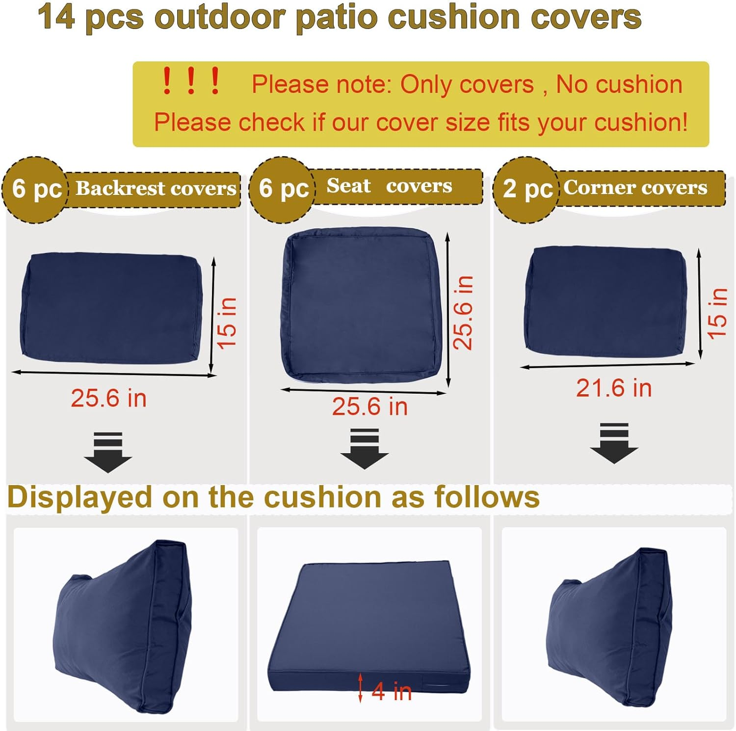 14 Piece Outdoor Patio Cushion Cover Replacement, Waterproof Patio Cushion Covers, Outdoor Furniture Cushion Covers Set for 6 Seat Wicker Rattan Sofa (Navy Blue) image number 1