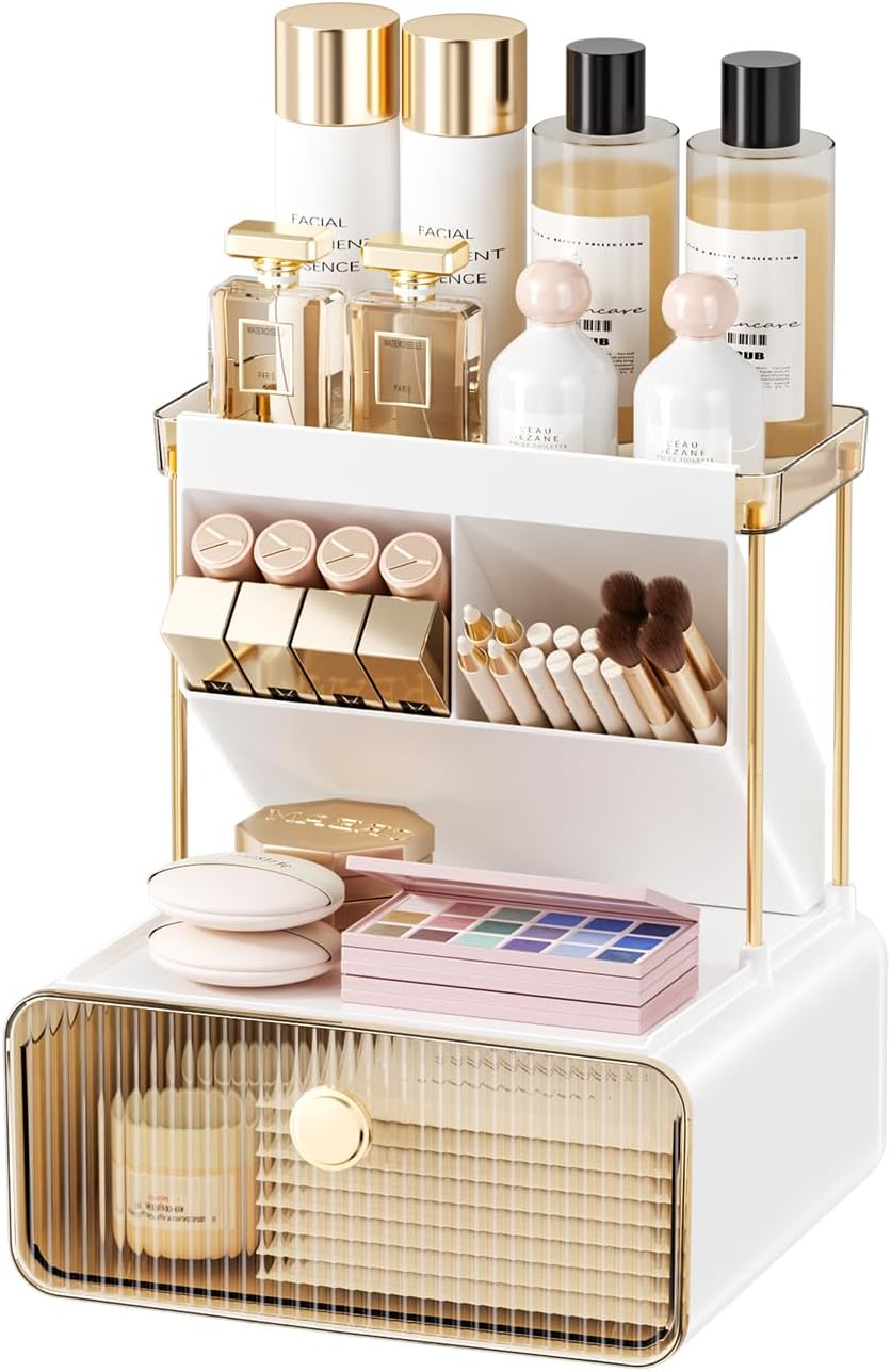 Makeup Organizer Countertop 2-Tier 1-Drawer Cosmetics Organiser Skincare Makeup Organiser Shelf Brush Holder Vanity Organiser (Amber) image number 6