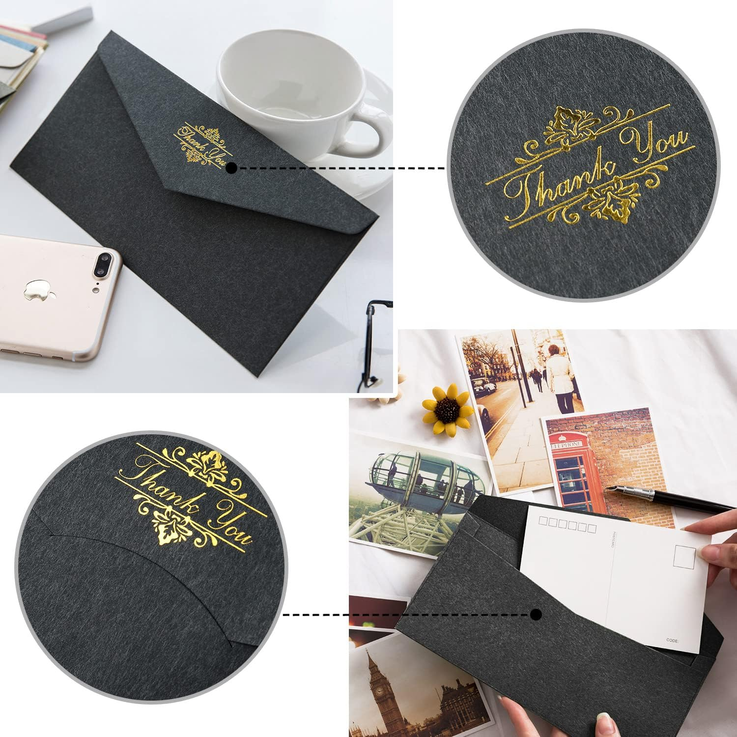 10PCS Specialty Paper Thickened Vintage Black Envelope, &ldquo;8.7 X 4.3Inch&rdquo; Premium Black V Flap Invoices Envelopes for Office Checks, Business Letterhead, Letter Mailing Invitation, Holiday Cards image number 2