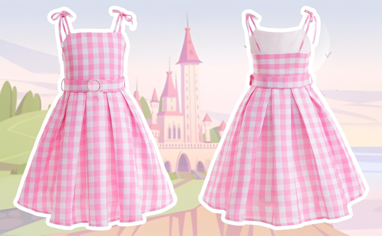 Girls Princess Dress Up,Pink Plaid Dress Pink Costume,Fancy Dress Pink Outfit for Book Week Day Halloween Birthday Party Dress up Ball Gown Halloween Costumes for Kids image number 6