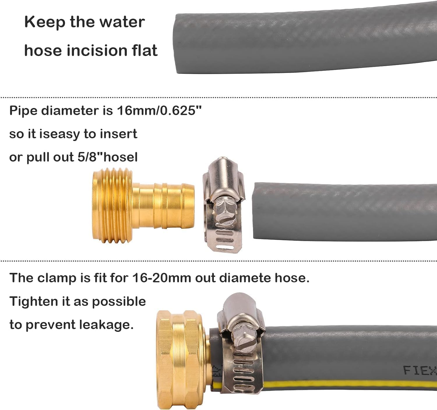 2 Set Solid Brass Female and Male Hose Connector Fit for 3/4" or 5/8" Garden Hose,Solid Brass Mender Female and Male Hose Connector with Clamps image number 1