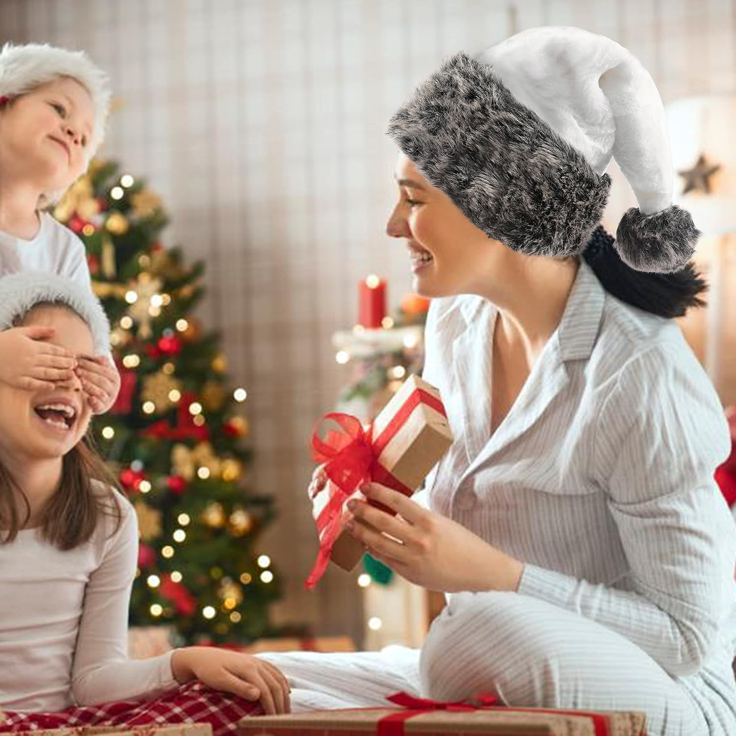 18 Inch Christmas Hats for Adults Christmas Headwear Fluffy Santa Hat for Women Men Xmas Holiday New Year Party - Black image number 5