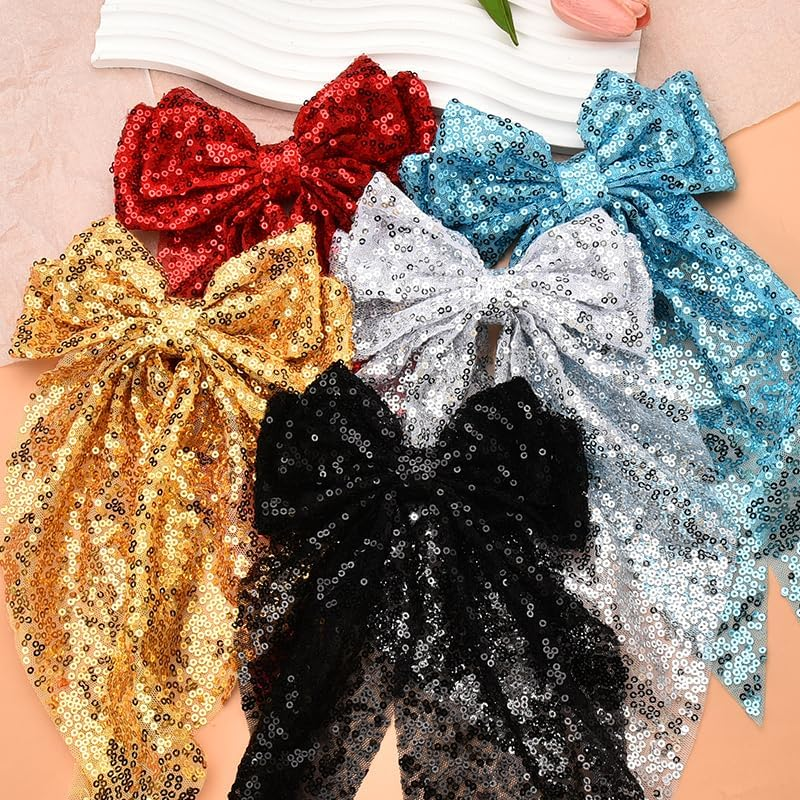 Big Sequin Black Hair Bow Clips Glitter Bows for Hair Ribbon Bow-Knot Hair Clips Barrettes Headwear Disco Festival Party Hair Accessories for Women image number 5